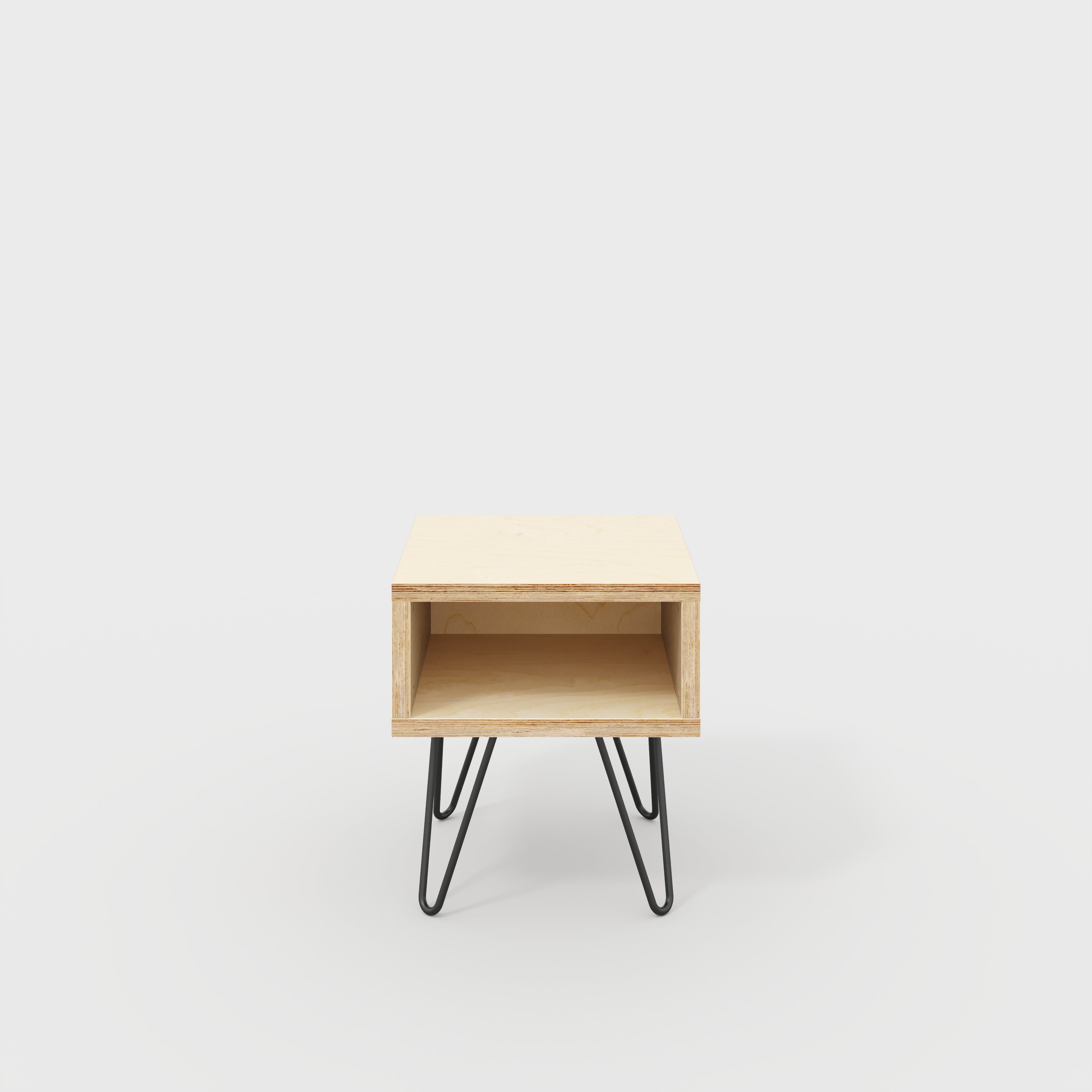 Bedside Table with Box Storage and Black Hairpin Legs - Plywood Birch - 400(w) x 400(d) x 450(h)