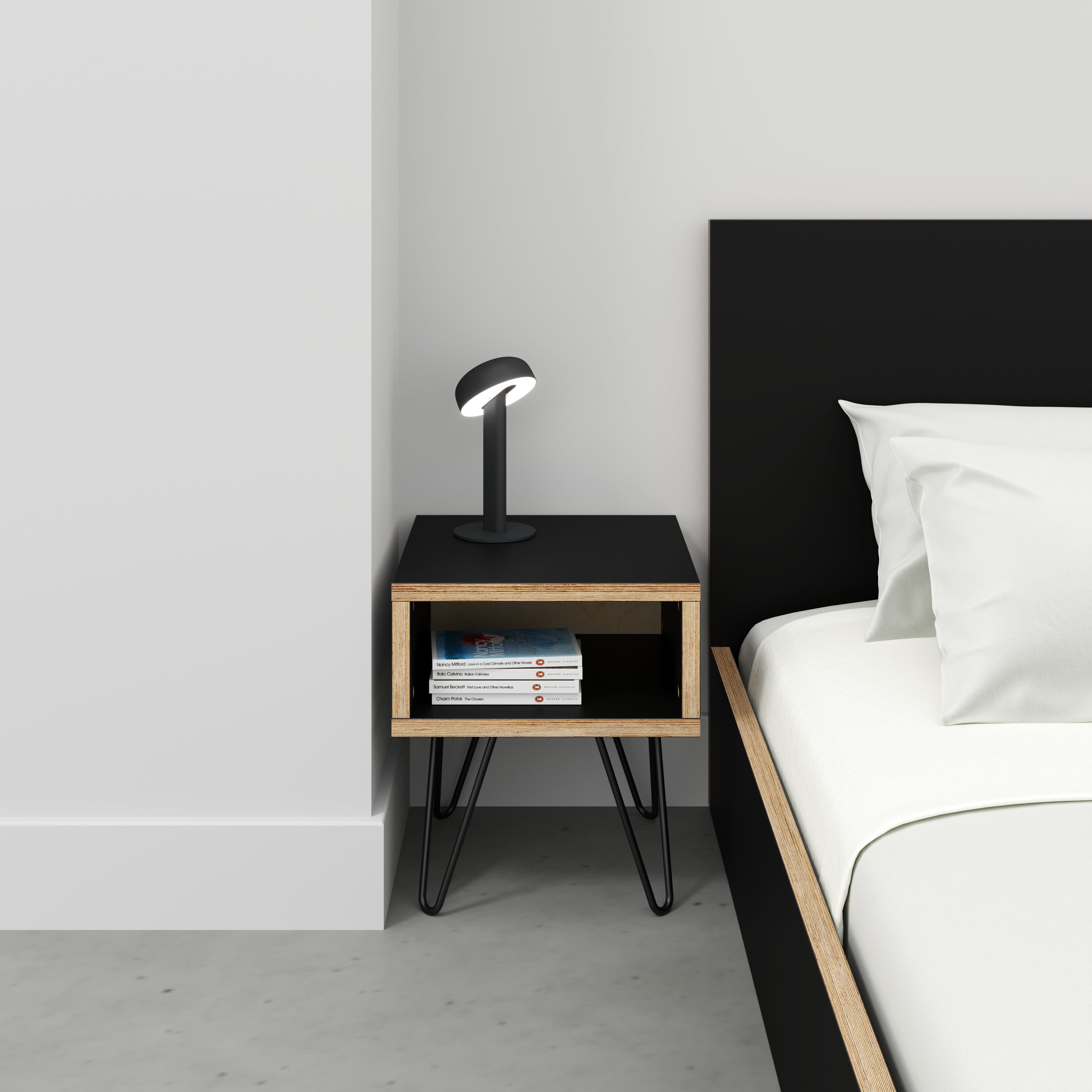 Bedside Table with Box Storage and Black Hairpin Legs - Formica Diamond Black - 400(w) x 400(d) x 450(h)