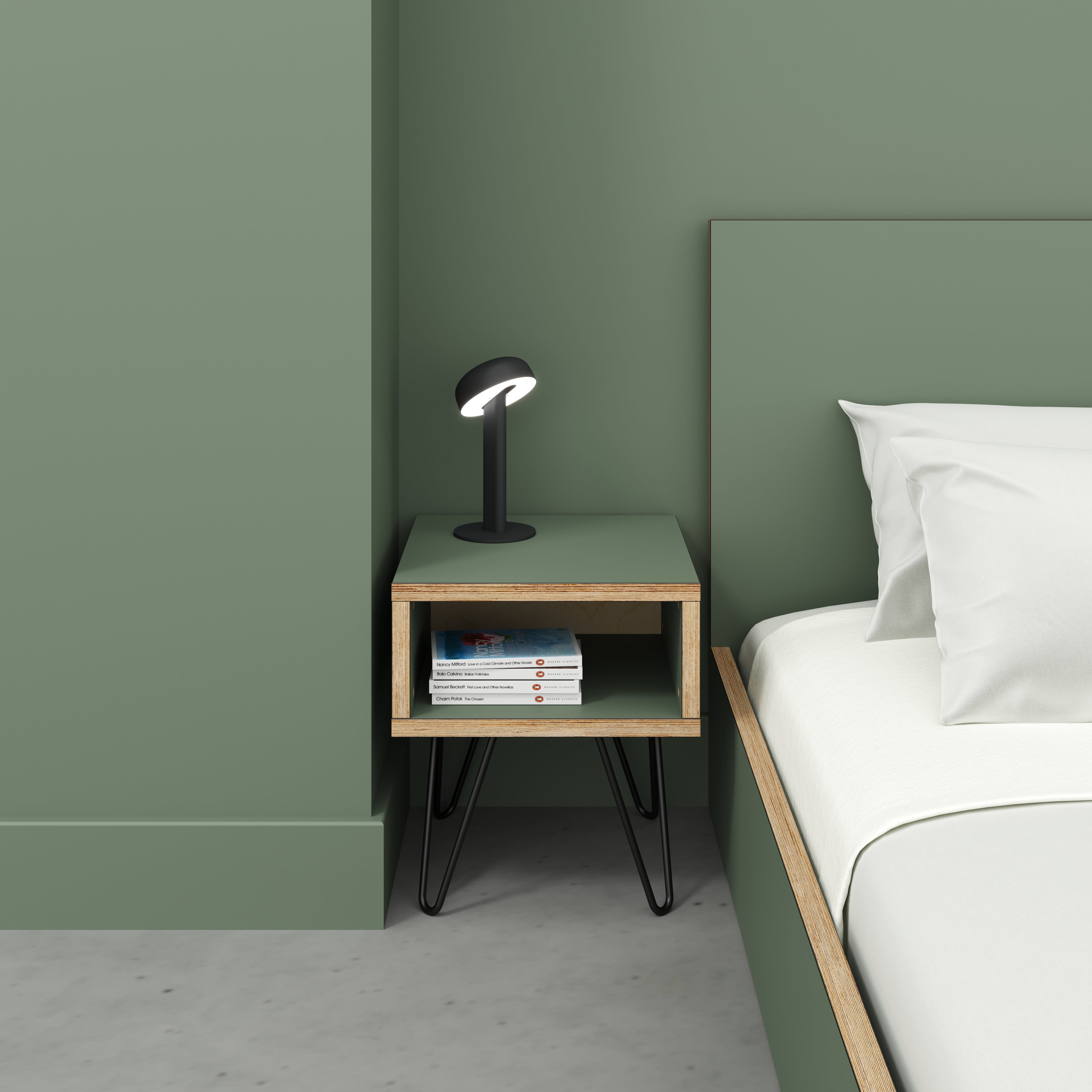Bedside Table with Box Storage and Black Hairpin Legs - Formica Green Slate - 400(w) x 400(d) x 450(h)