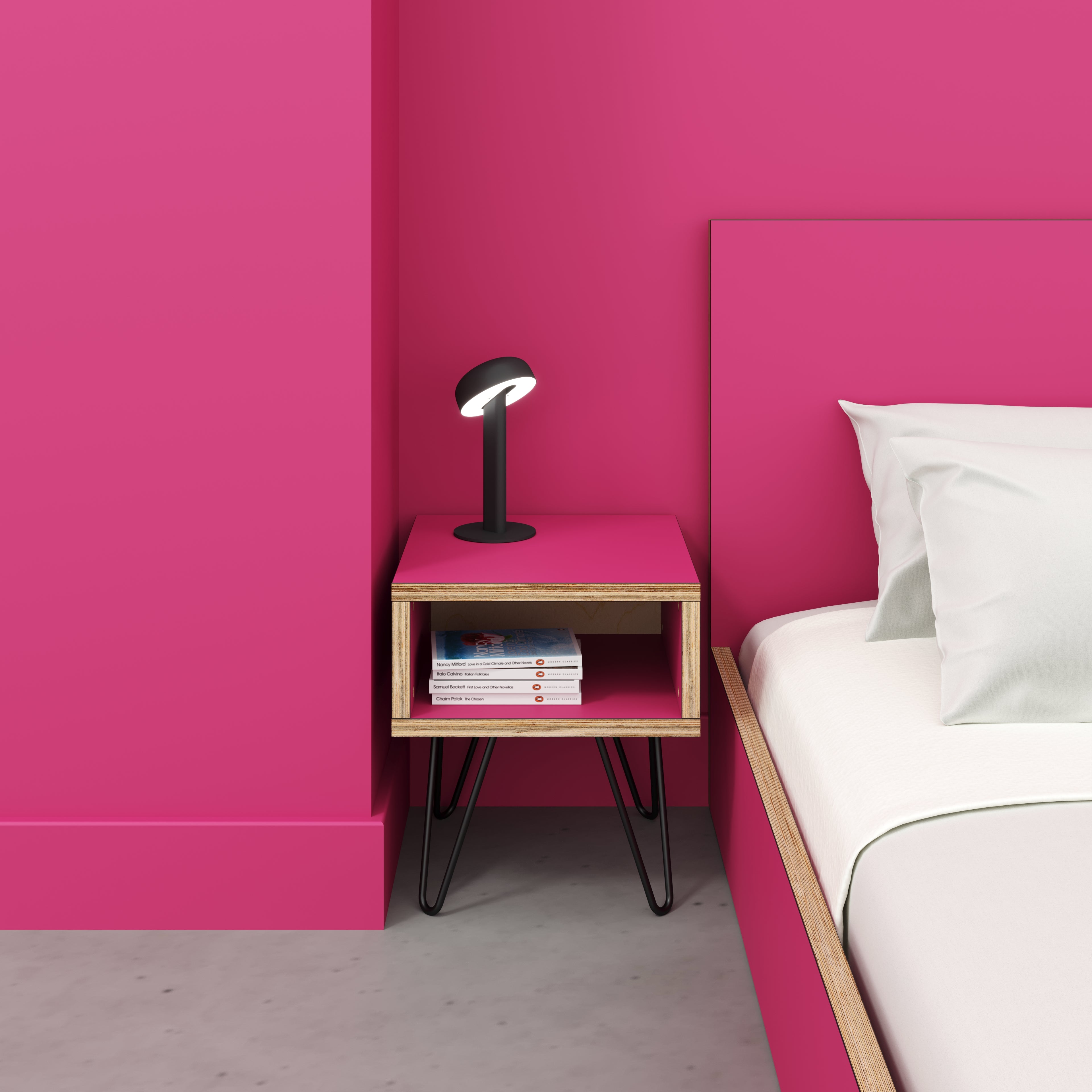 Bedside Table with Box Storage and Black Hairpin Legs - Formica Juicy Pink - 400(w) x 400(d) x 450(h)