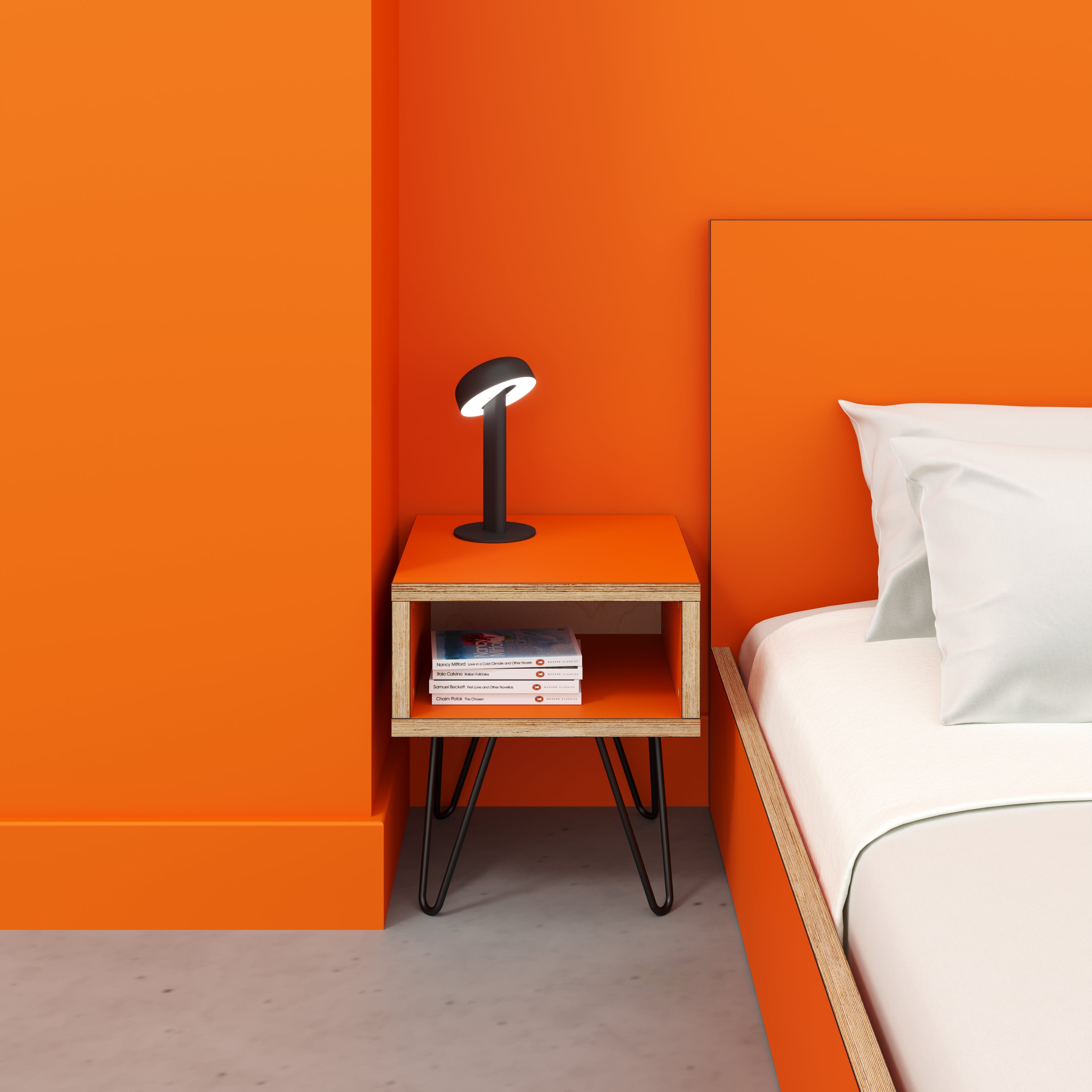 Bedside Table with Box Storage and Black Hairpin Legs - Formica Levante Orange - 400(w) x 400(d) x 450(h)
