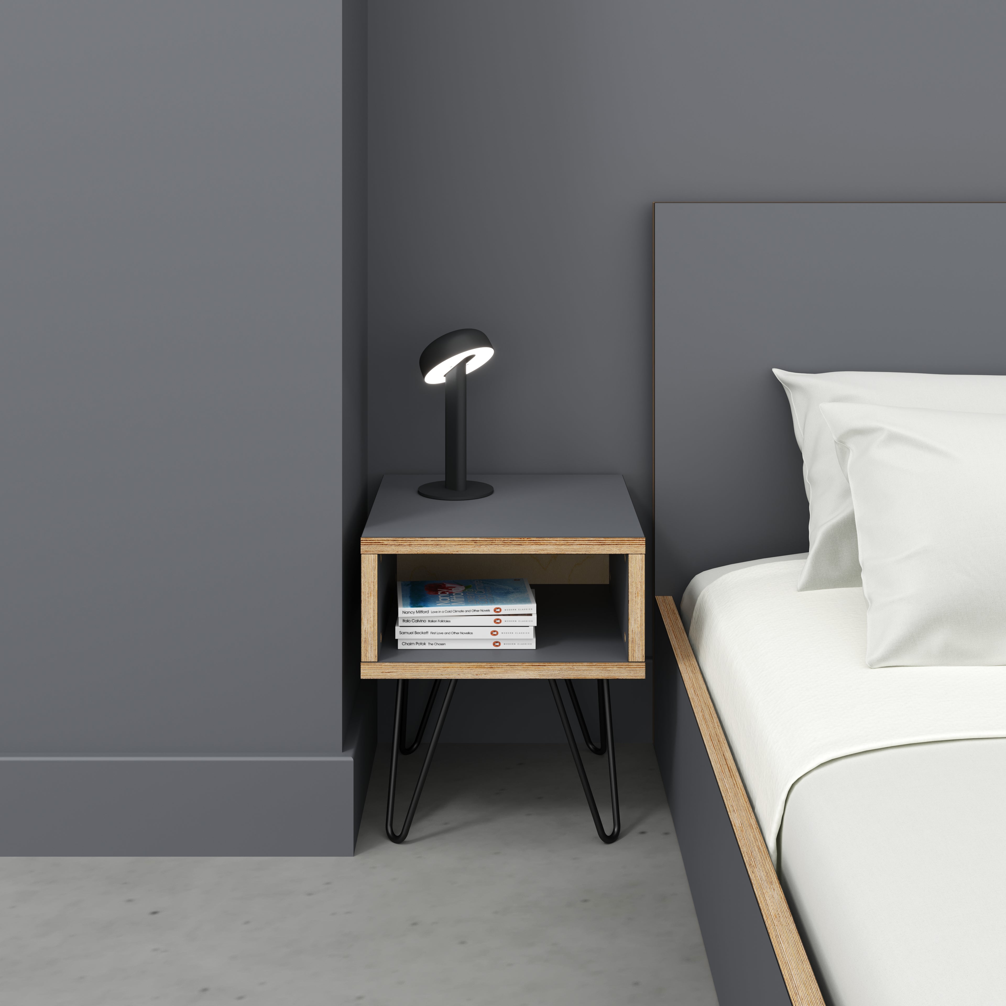 Bedside Table with Box Storage and Black Hairpin Legs - Formica Tornado Grey - 400(w) x 400(d) x 450(h)