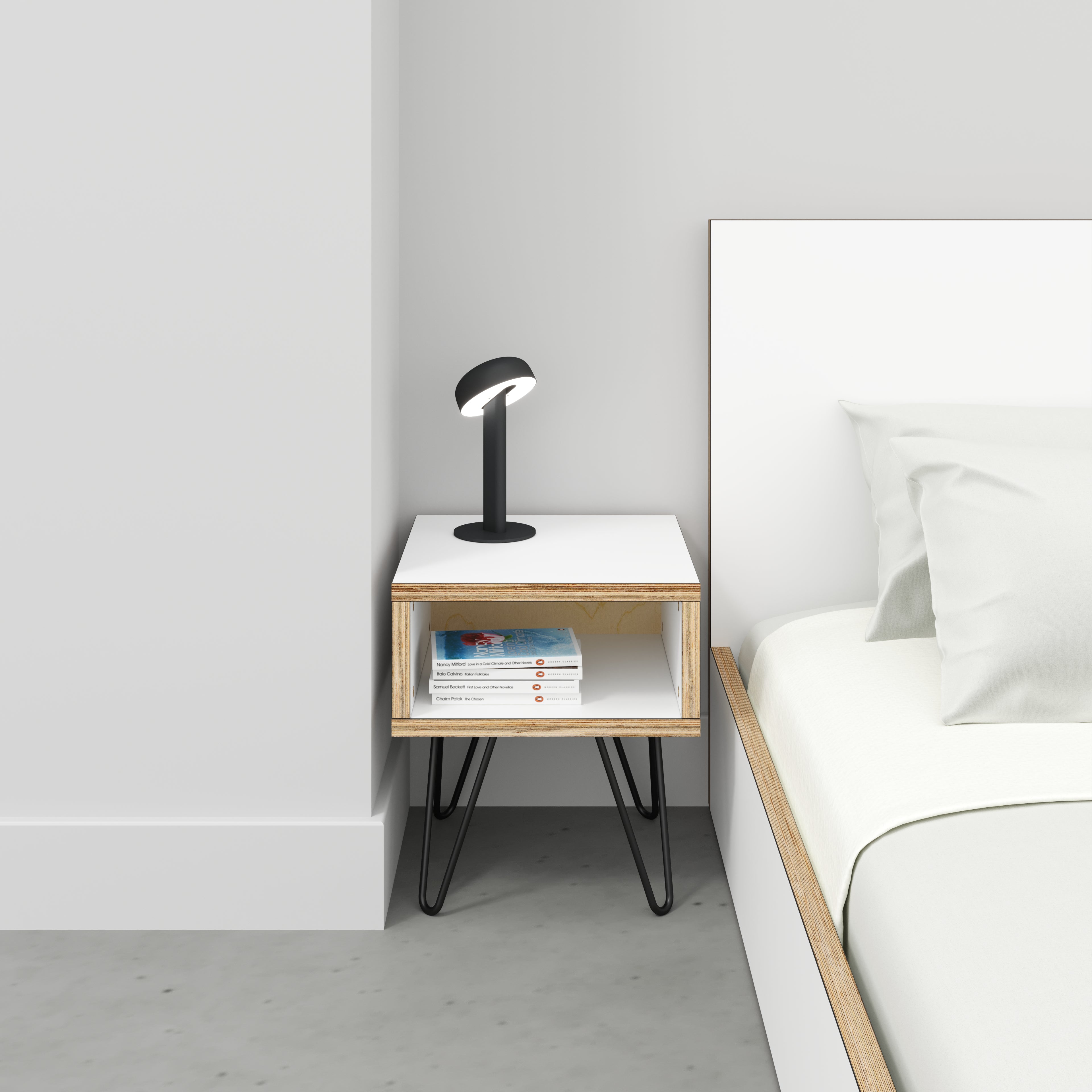 Bedside Table with Box Storage and Black Hairpin Legs - Formica White - 400(w) x 400(d) x 450(h)