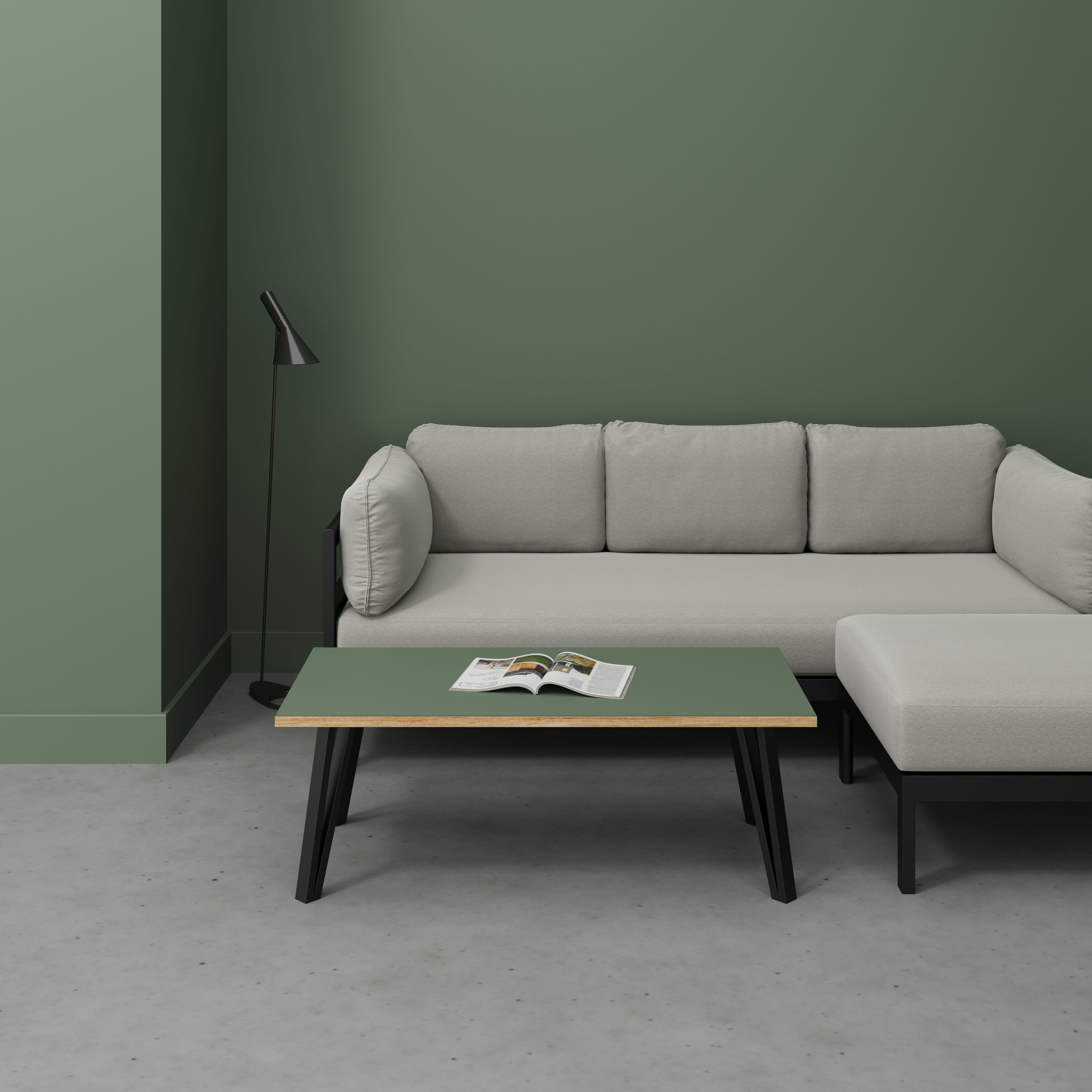 Coffee Table with Black Box Hairpin Legs - Formica Green Slate - 1200(w) x 600(d) x 425(h)