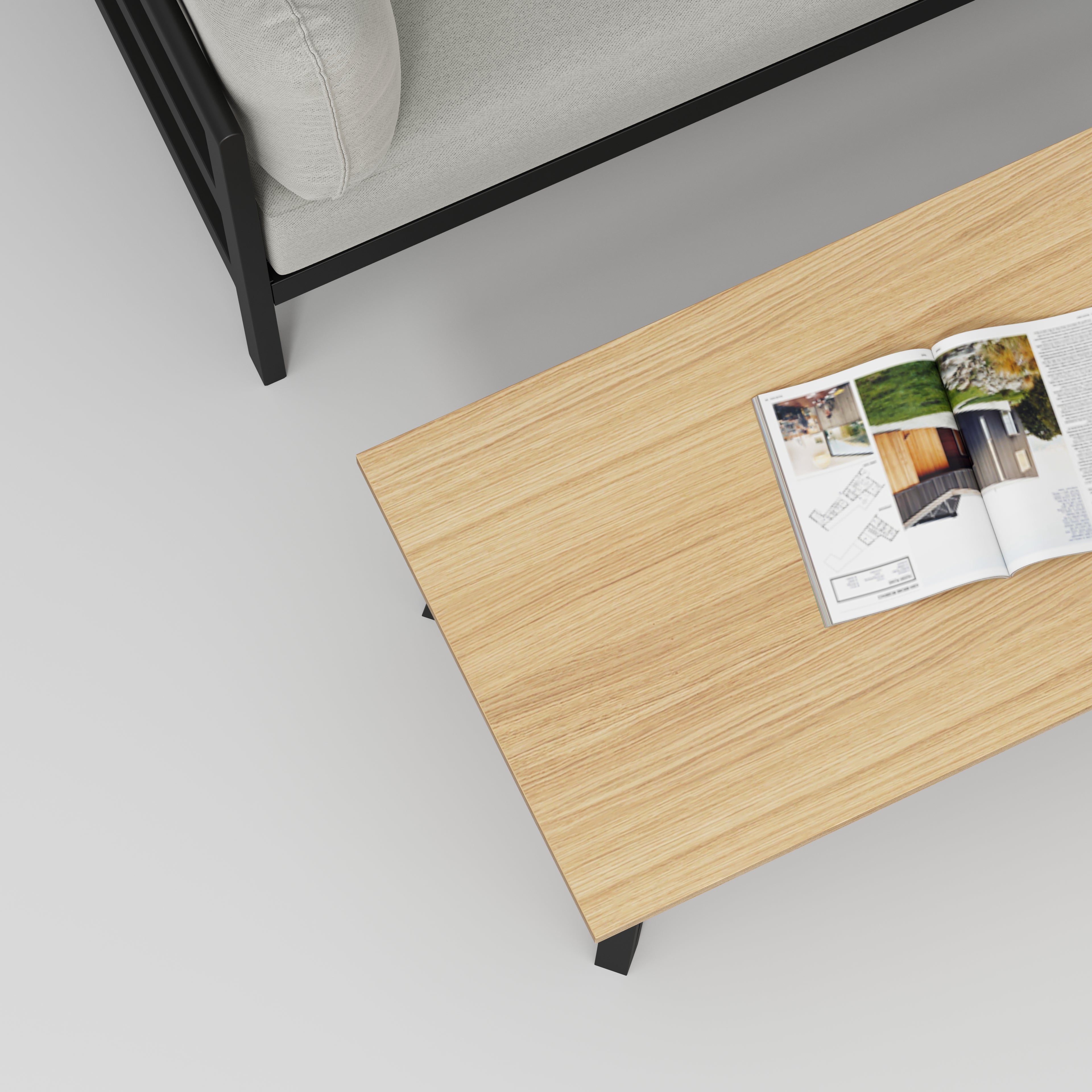 Coffee Table with Black Box Hairpin Legs - Plywood Oak - 1200(w) x 600(d) x 425(h)