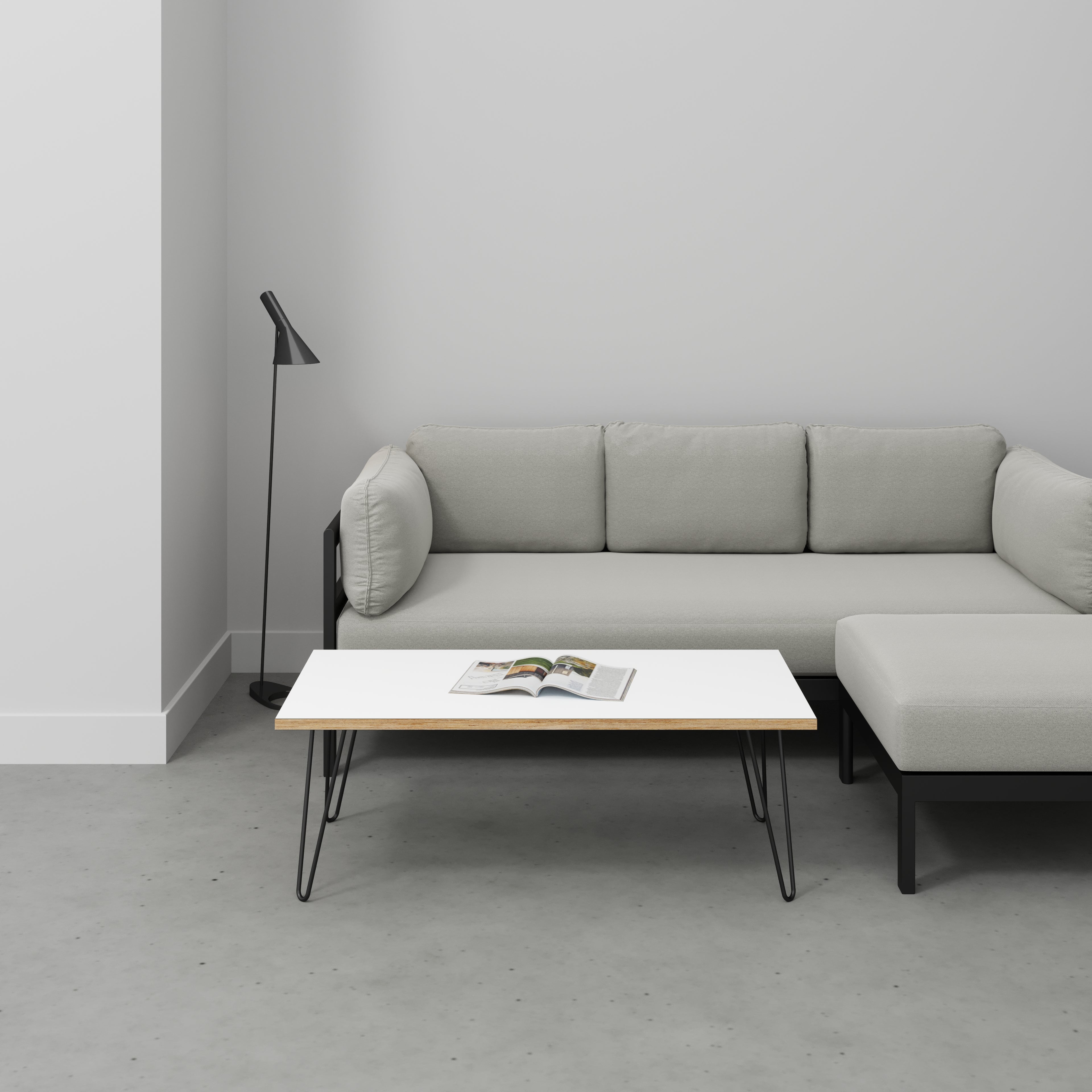 Coffee Table with Black Hairpin Legs Formica White 1200(w) x 600(d