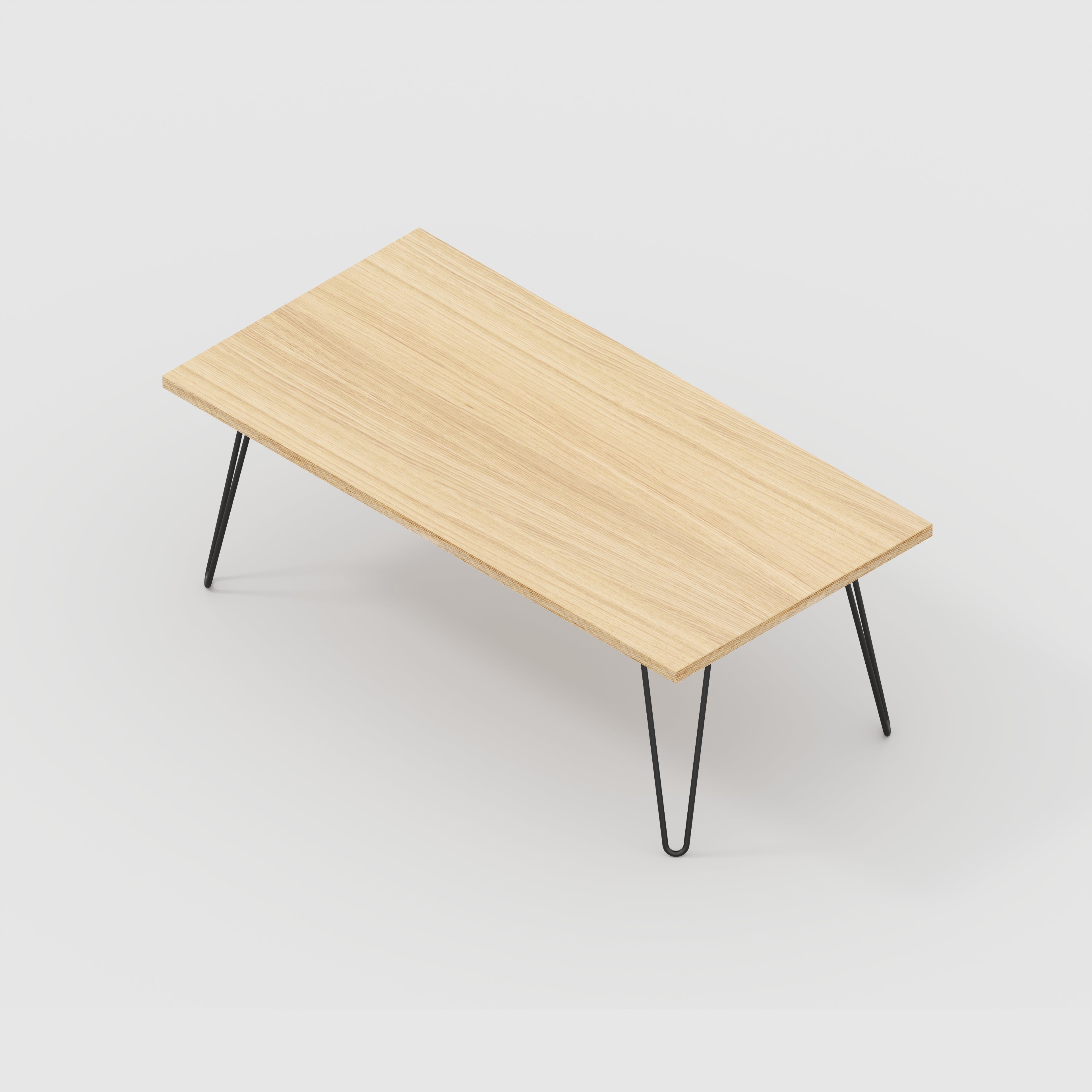 Coffee Table with Black Hairpin Legs - Plywood Oak - 1200(w) x 600(d) x 425(h)