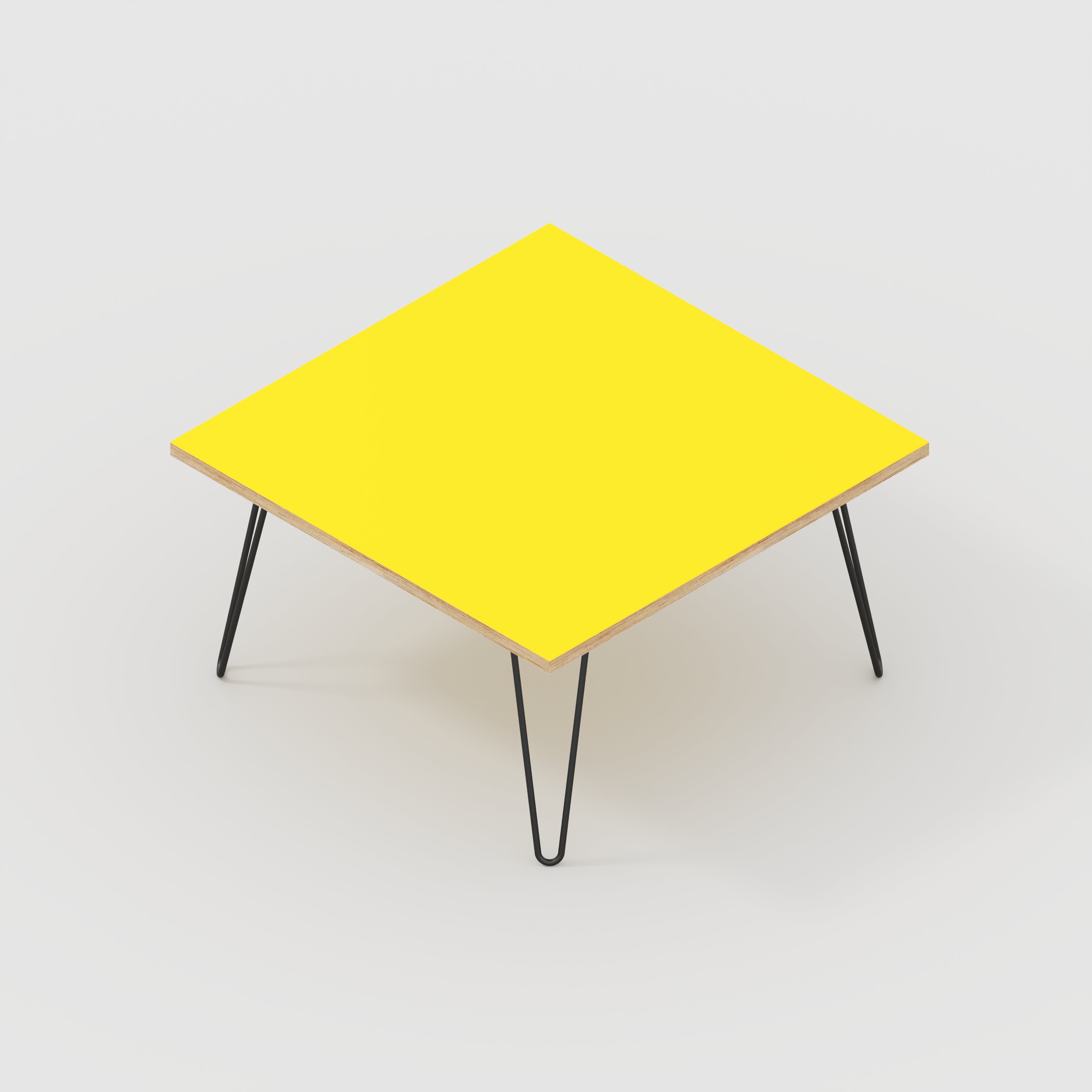 Coffee Table with Black Hairpin Legs - Formica Chrome Yellow - 800(w) x 800(d) x 425(h)