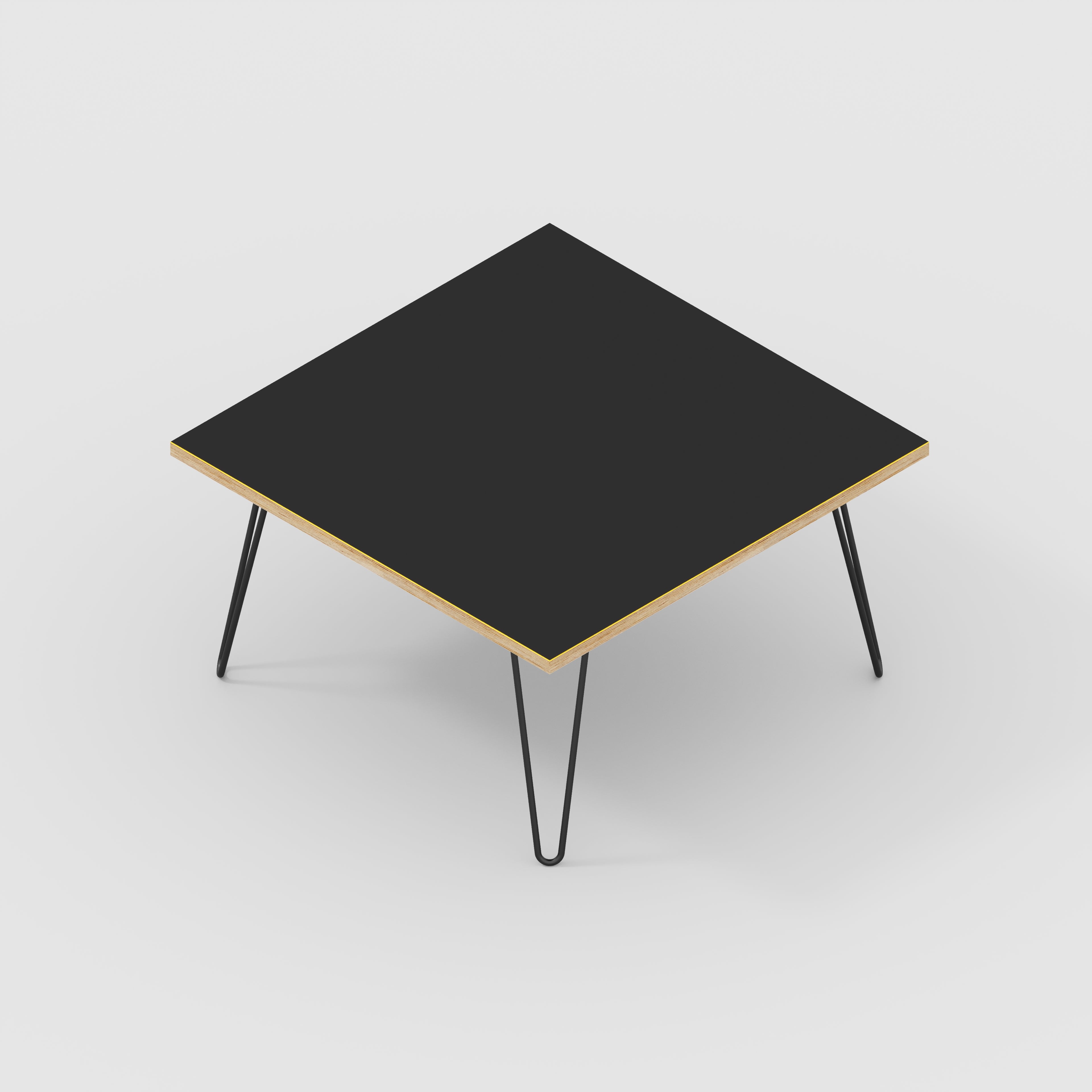 Coffee Table with Black Hairpin Legs - Formica Diamond Black - 800(w) x 800(d) x 425(h)