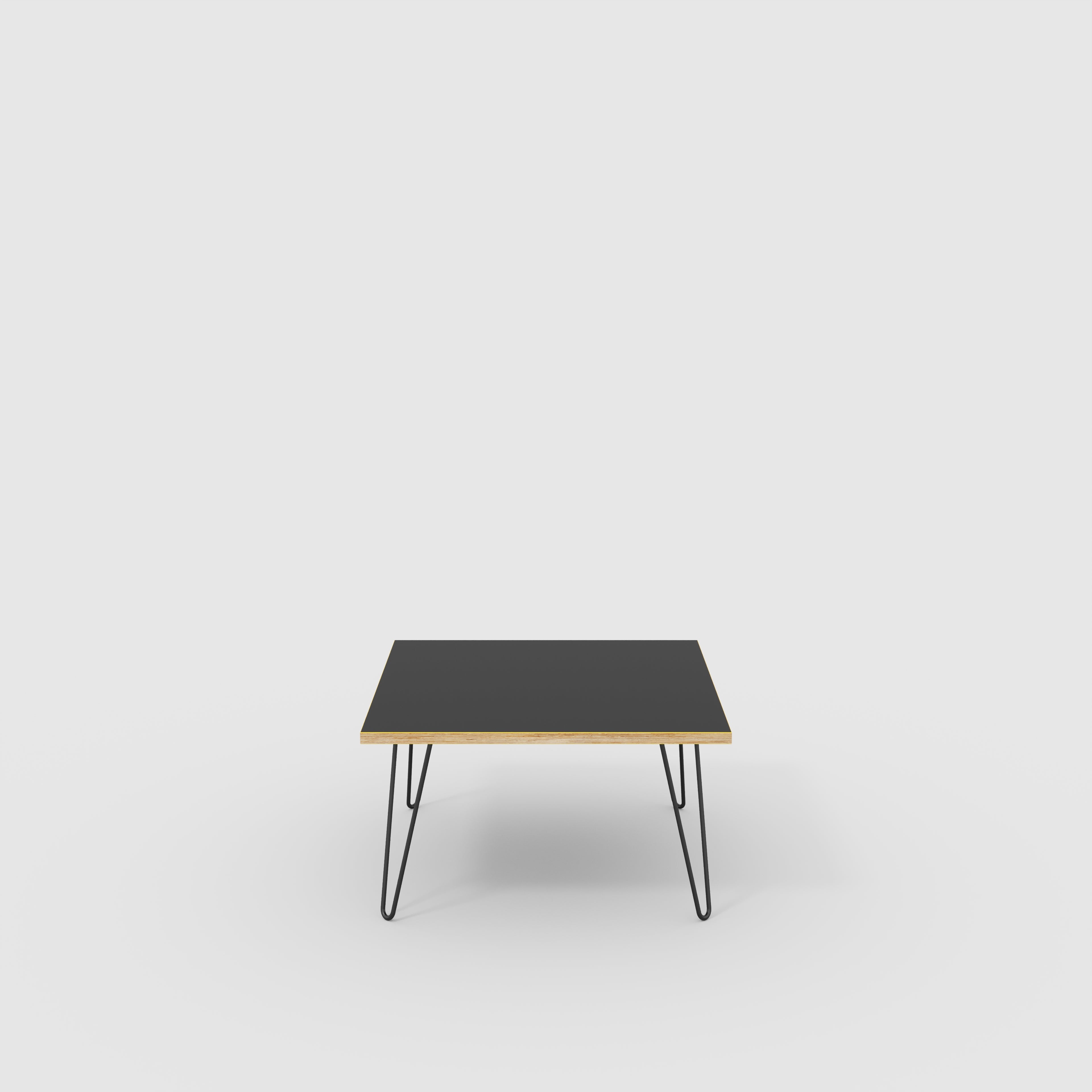 Coffee Table with Black Hairpin Legs - Formica Diamond Black - 800(w) x 800(d) x 425(h)