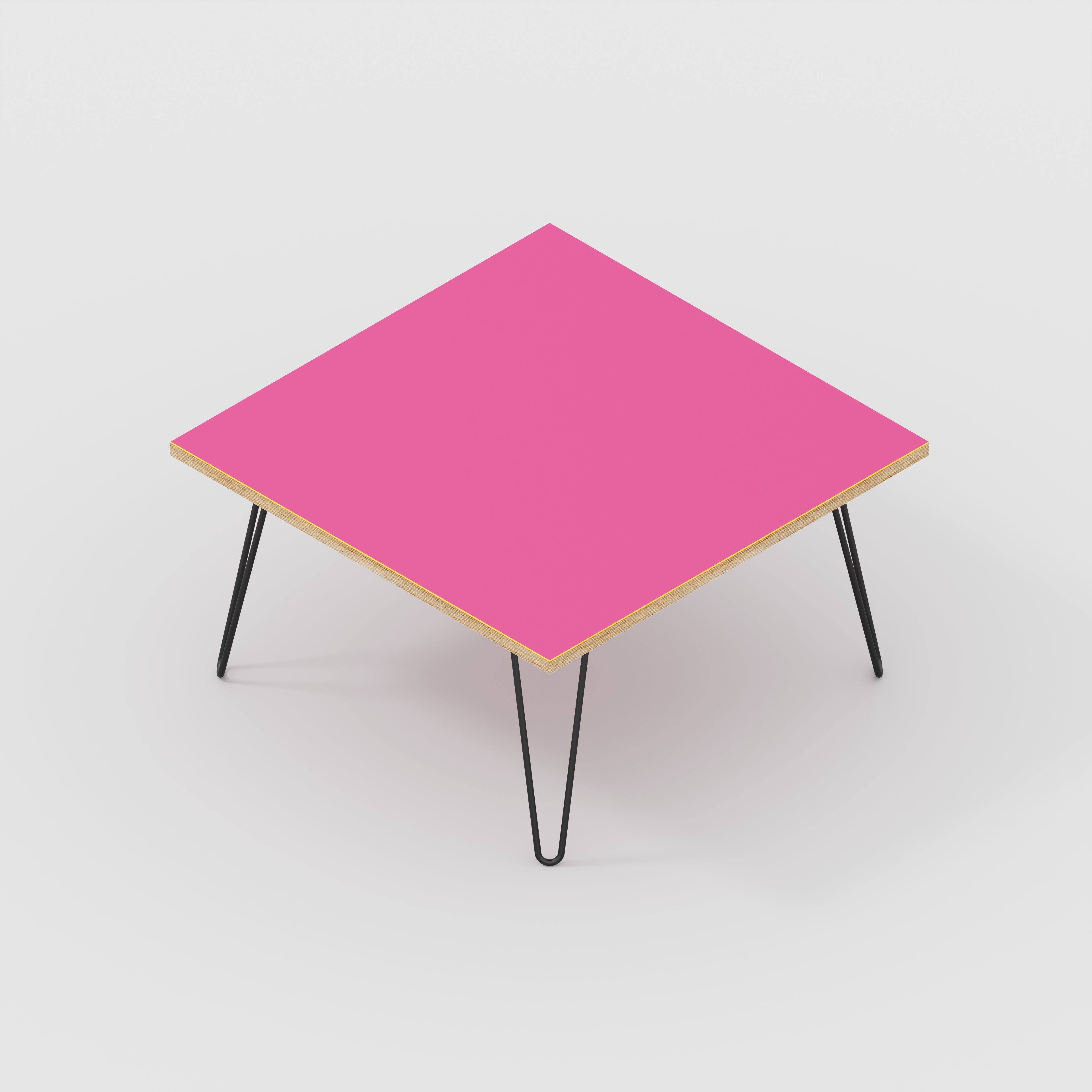 Coffee Table with Black Hairpin Legs - Formica Juicy Pink - 800(w) x 800(d) x 425(h)