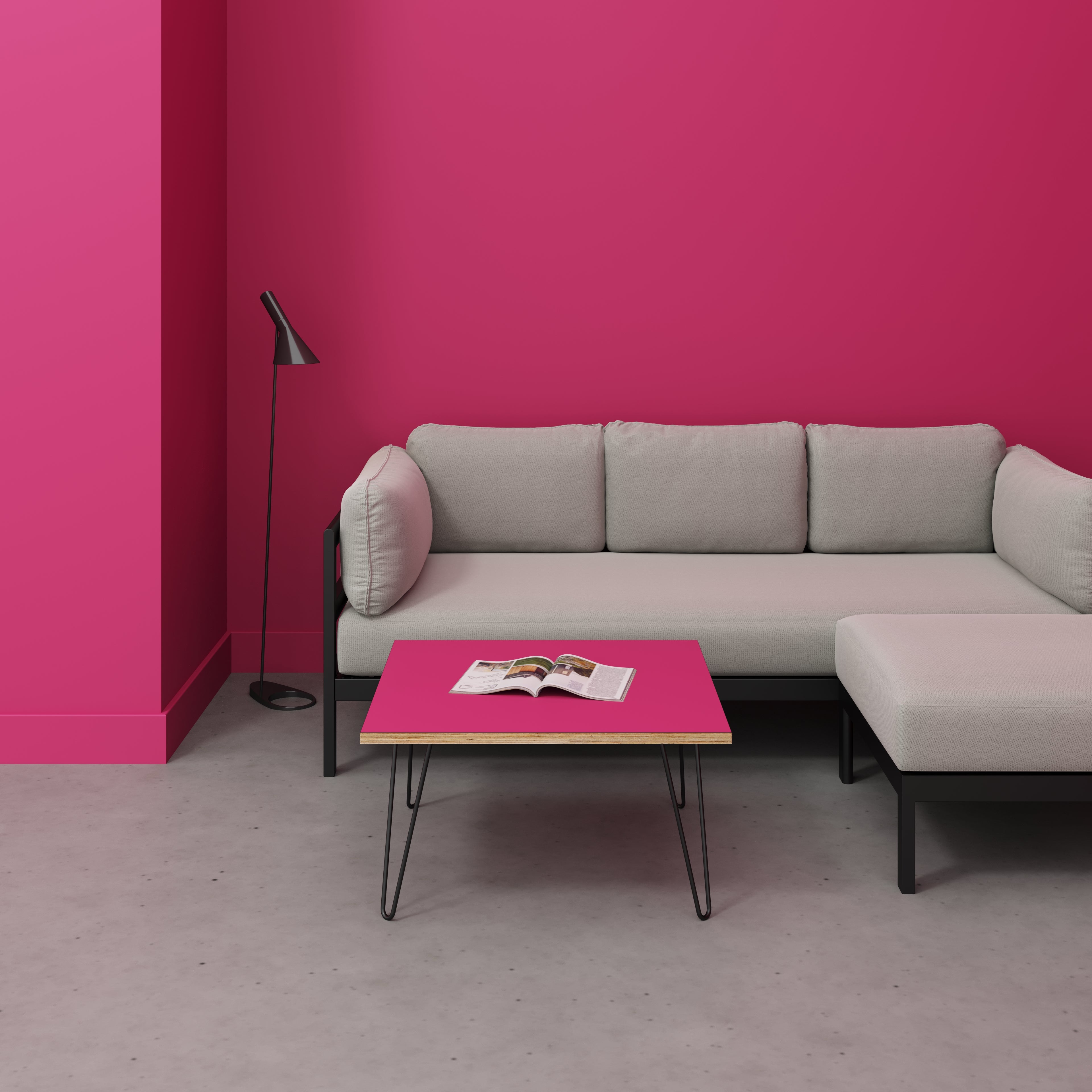 Coffee Table with Black Hairpin Legs - Formica Juicy Pink - 800(w) x 800(d) x 425(h)