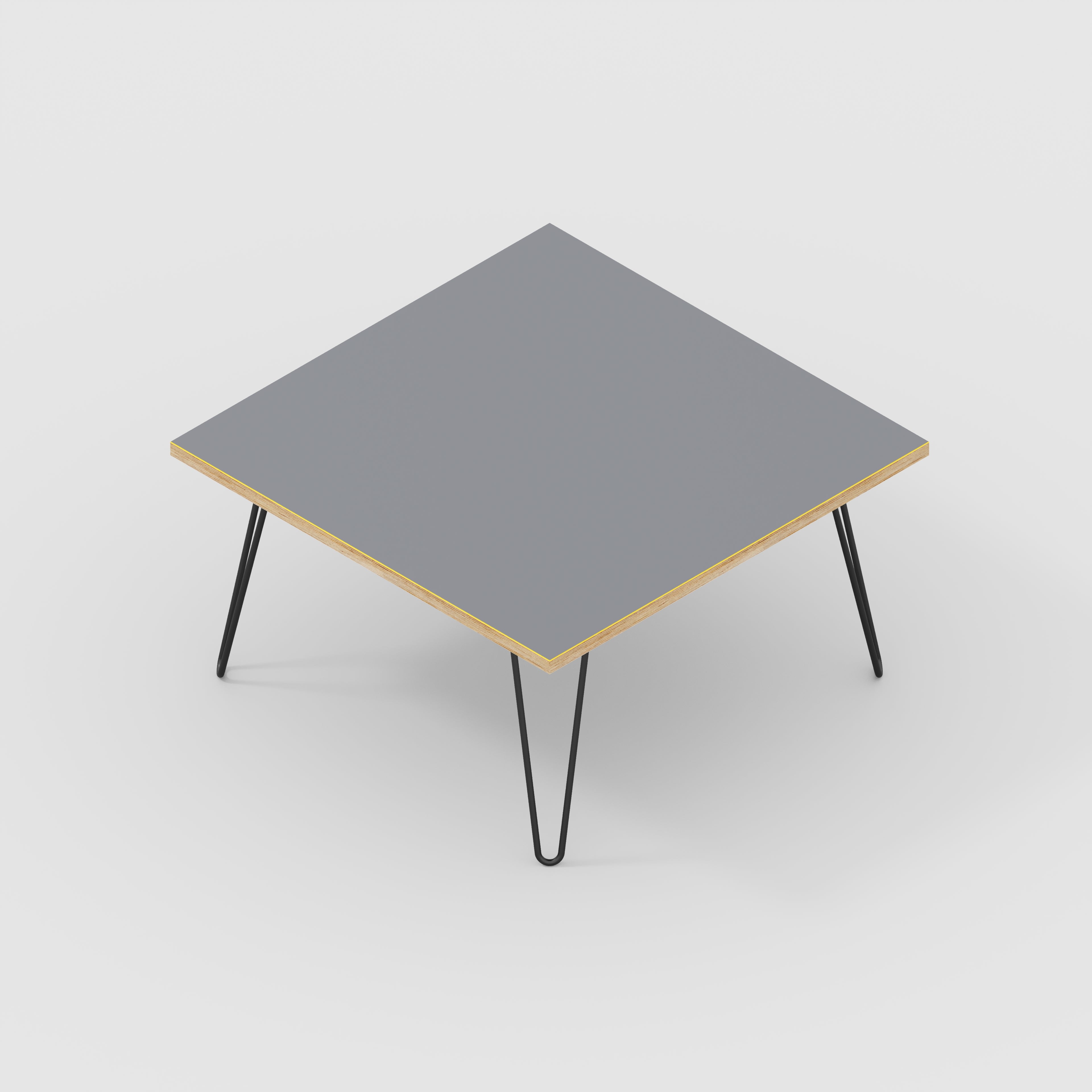 Coffee Table with Black Hairpin Legs - Formica Tornado Grey - 800(w) x 800(d) x 425(h)