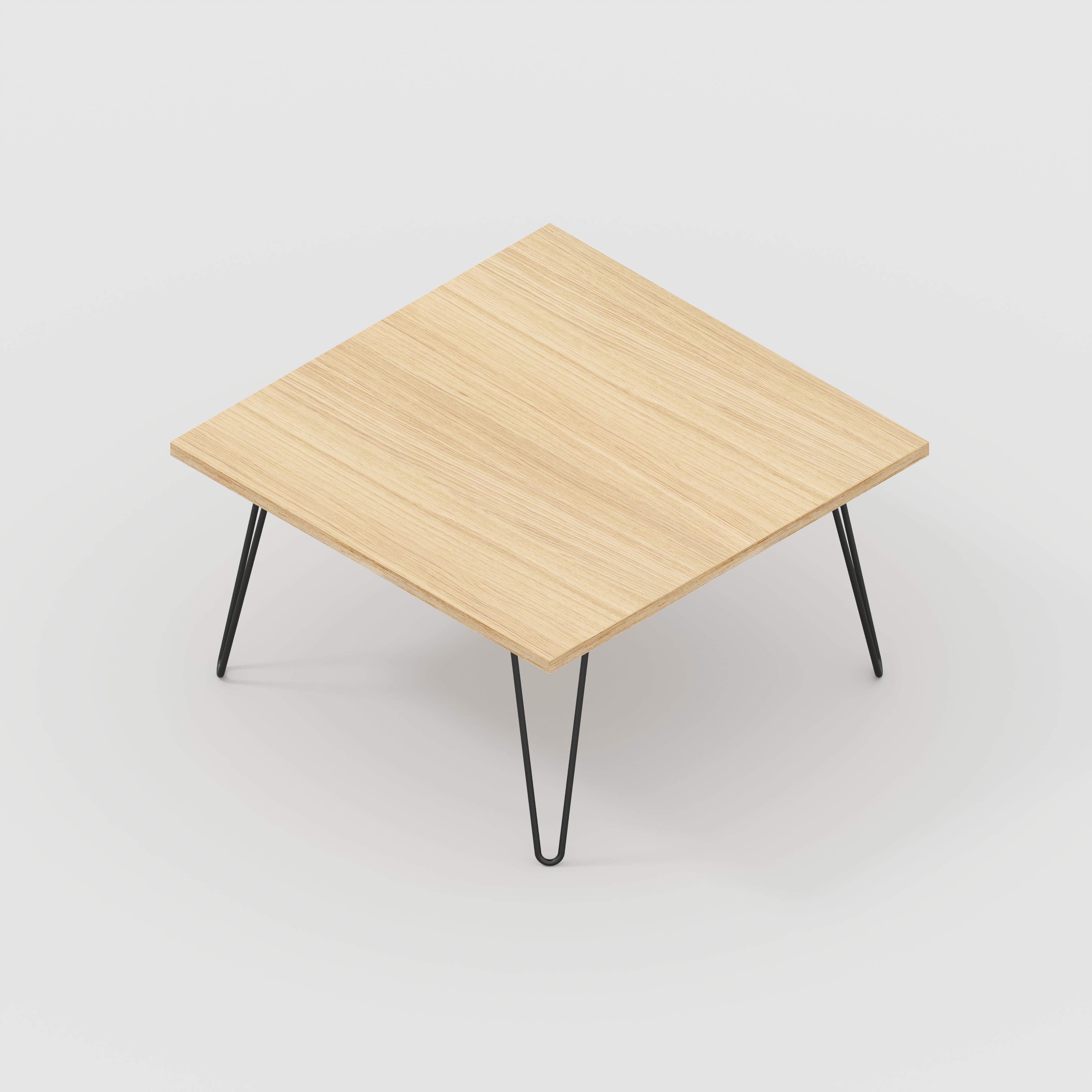 Coffee Table with Black Hairpin Legs - Plywood Oak - 800(w) x 800(d) x 425(h)