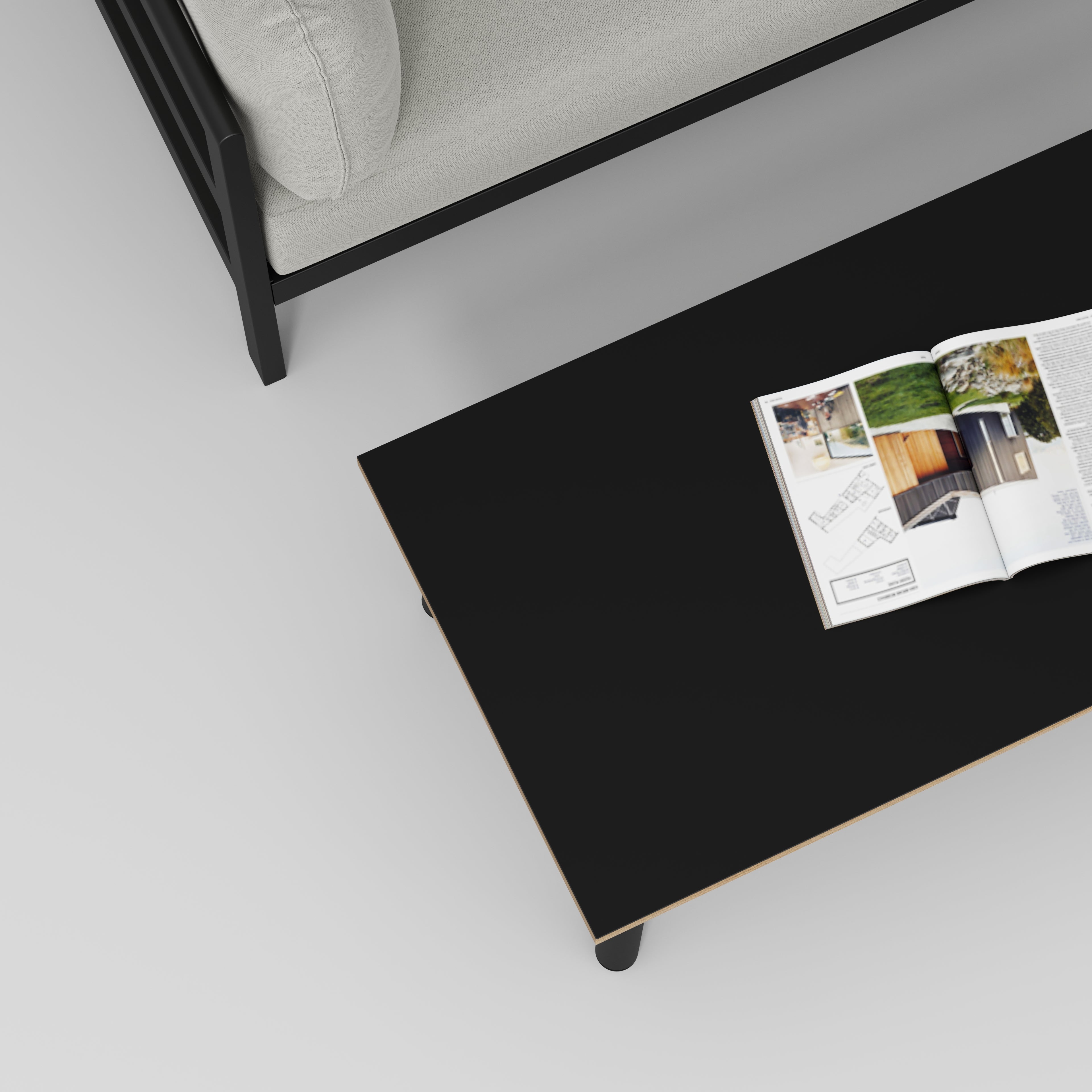 Coffee Table with Black Round Single Pin Legs - Formica Diamond Black - 1200(w) x 600(d) x 425(h)