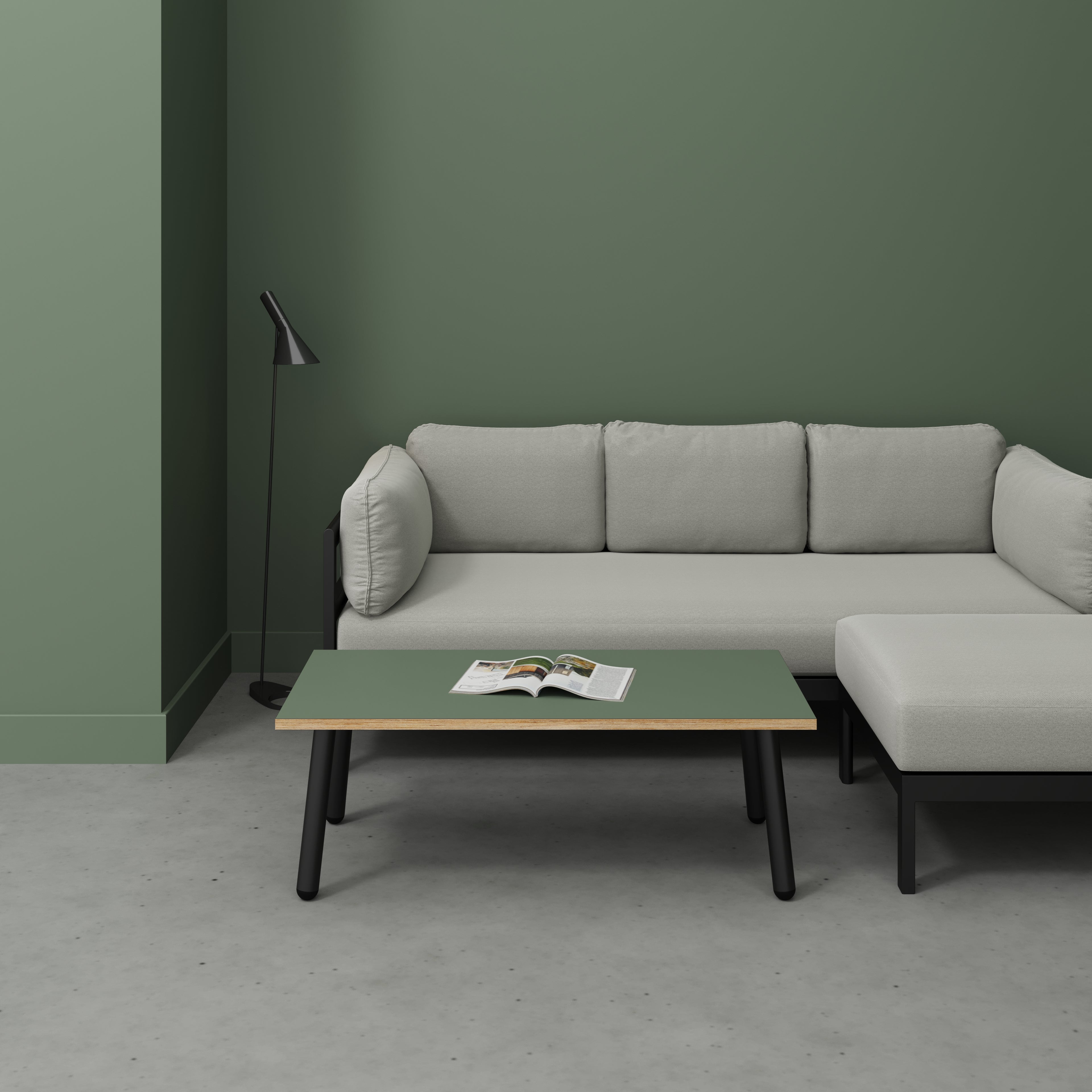 Coffee Table with Black Round Single Pin Legs - Formica Green Slate - 1200(w) x 600(d) x 425(h)