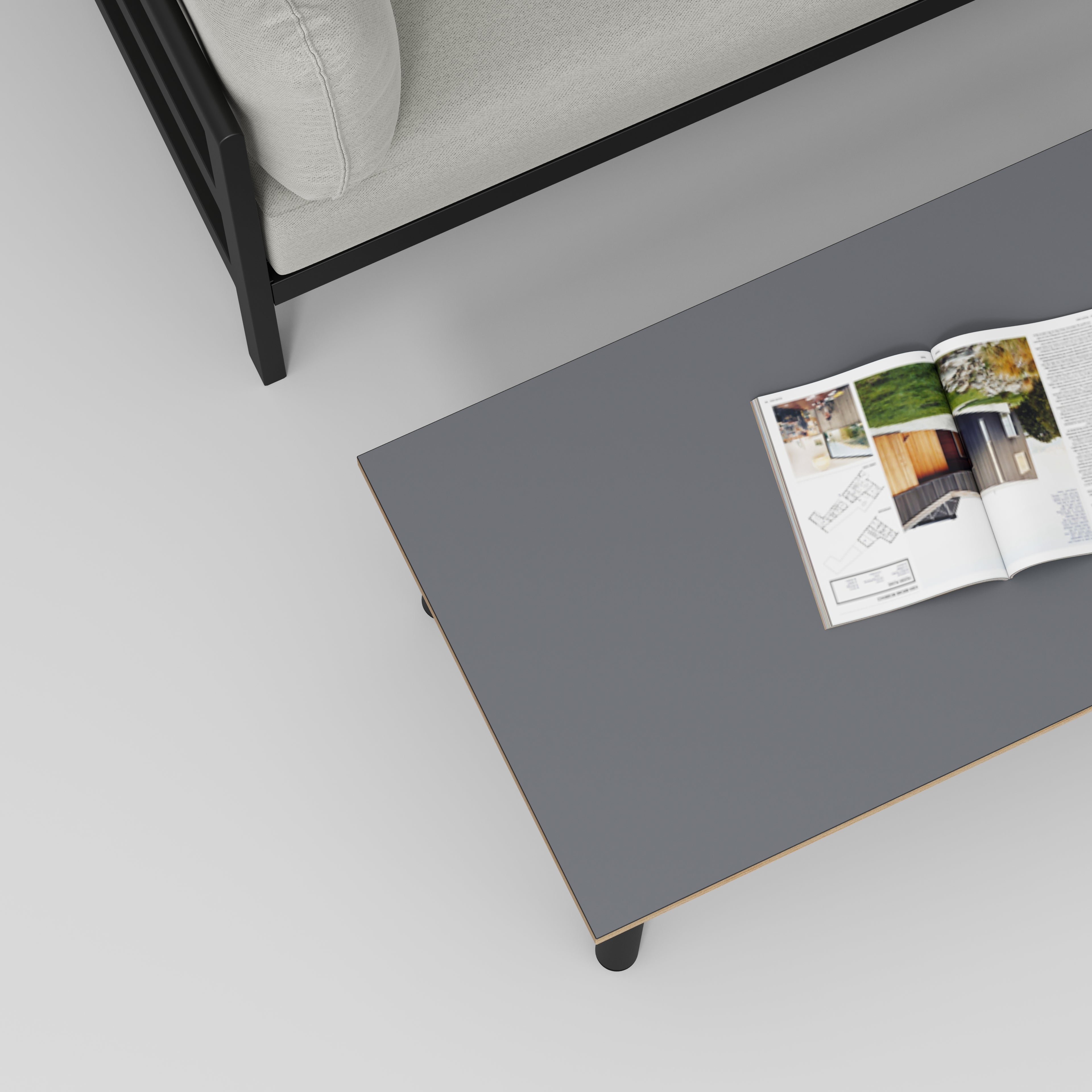 Coffee Table with Black Round Single Pin Legs - Formica Tornado Grey - 1200(w) x 600(d) x 425(h)