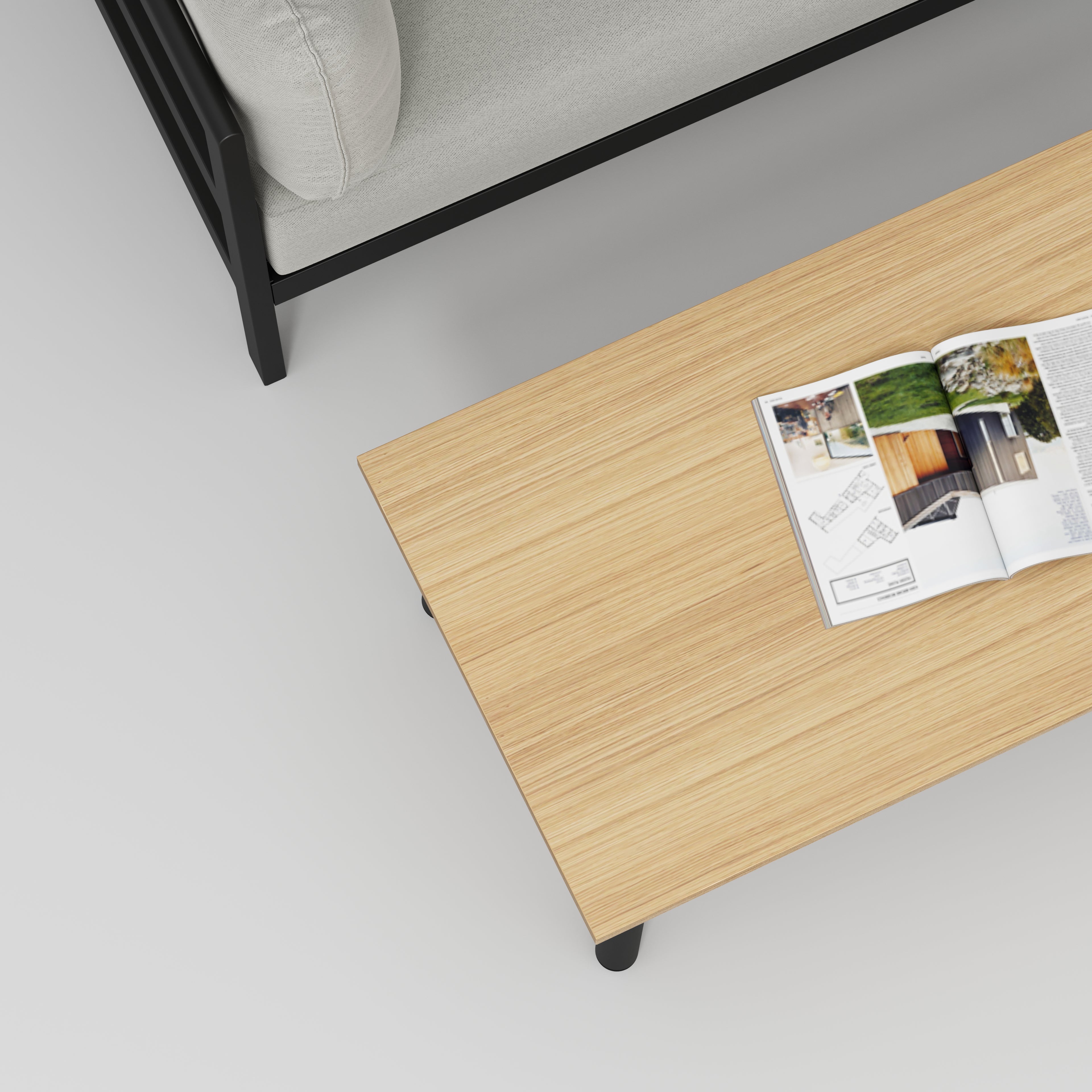 Coffee Table with Black Round Single Pin Legs - Plywood Oak - 1200(w) x 600(d) x 425(h)