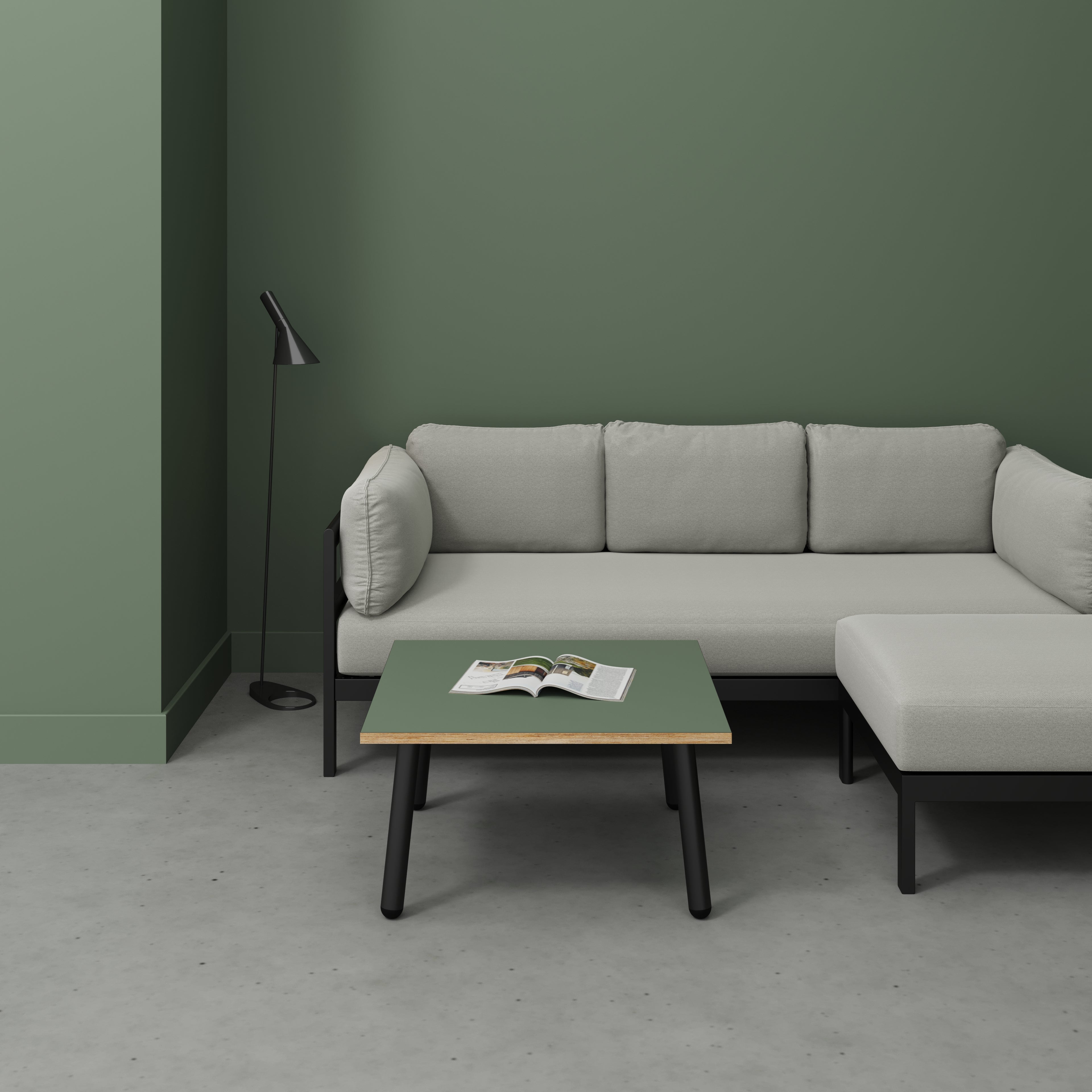 Coffee Table with Black Round Single Pin Legs - Formica Green Slate - 800(w) x 800(d) x 425(h)