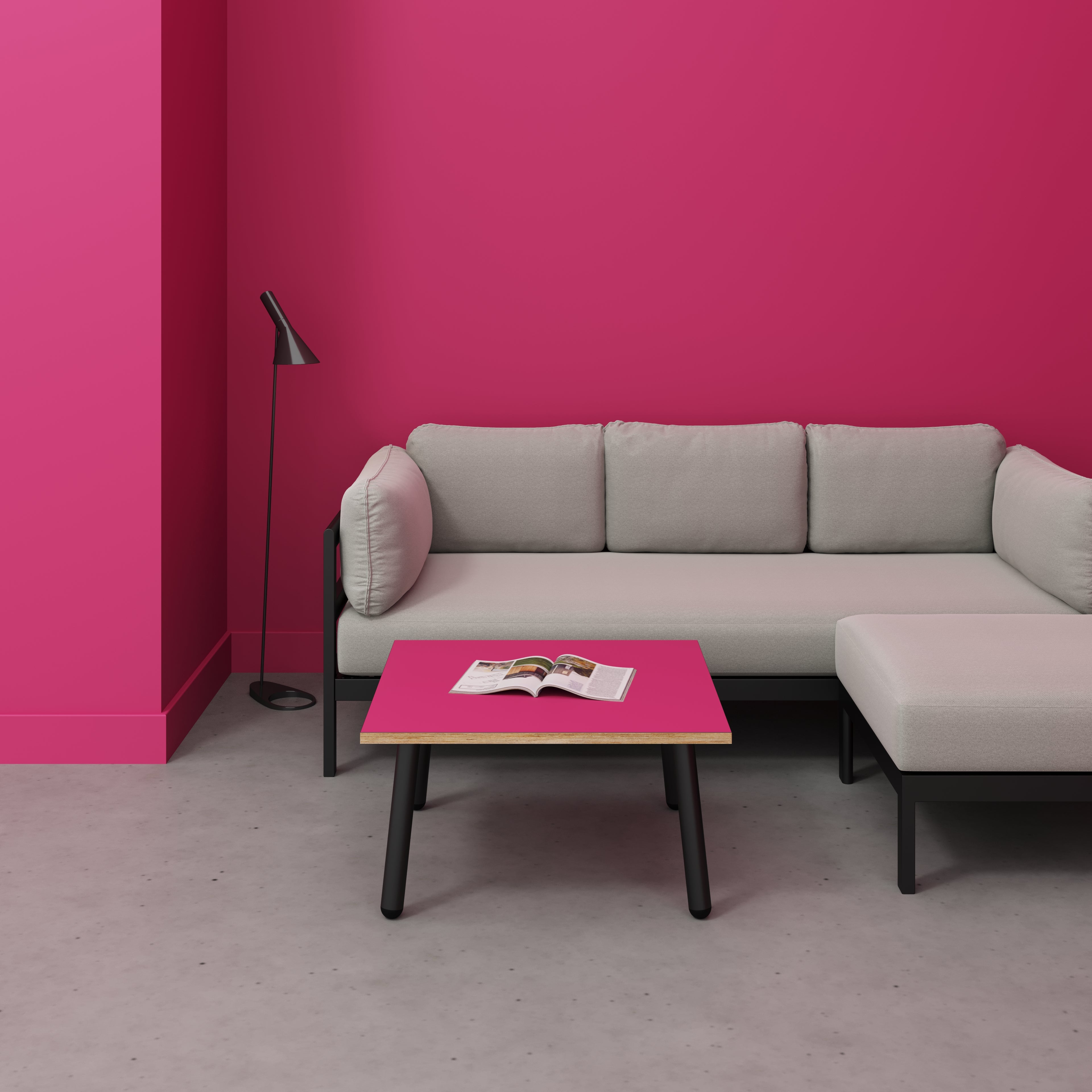 Coffee Table with Black Round Single Pin Legs - Formica Juicy Pink - 800(w) x 800(d) x 425(h)