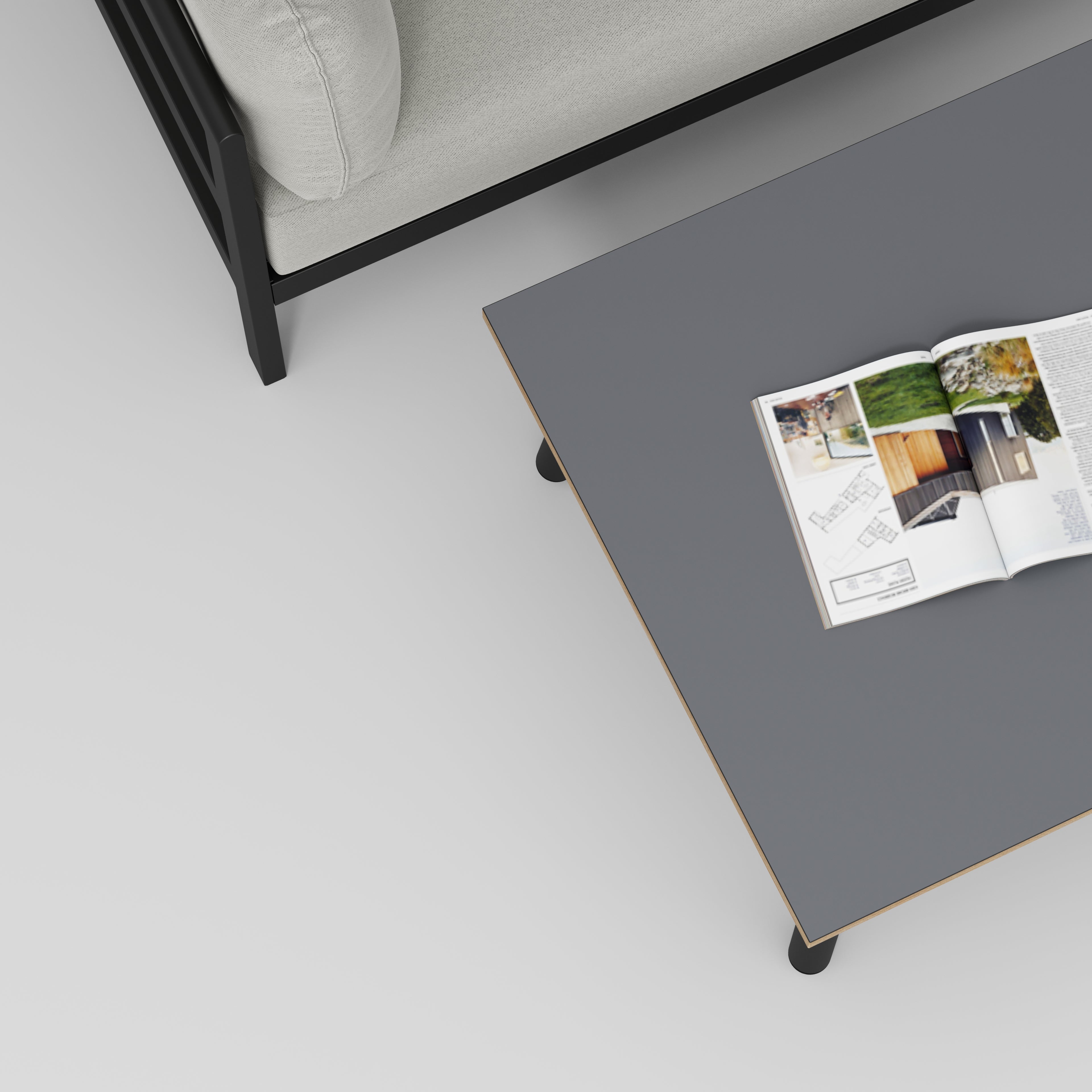 Coffee Table with Black Round Single Pin Legs - Formica Tornado Grey - 800(w) x 800(d) x 425(h)
