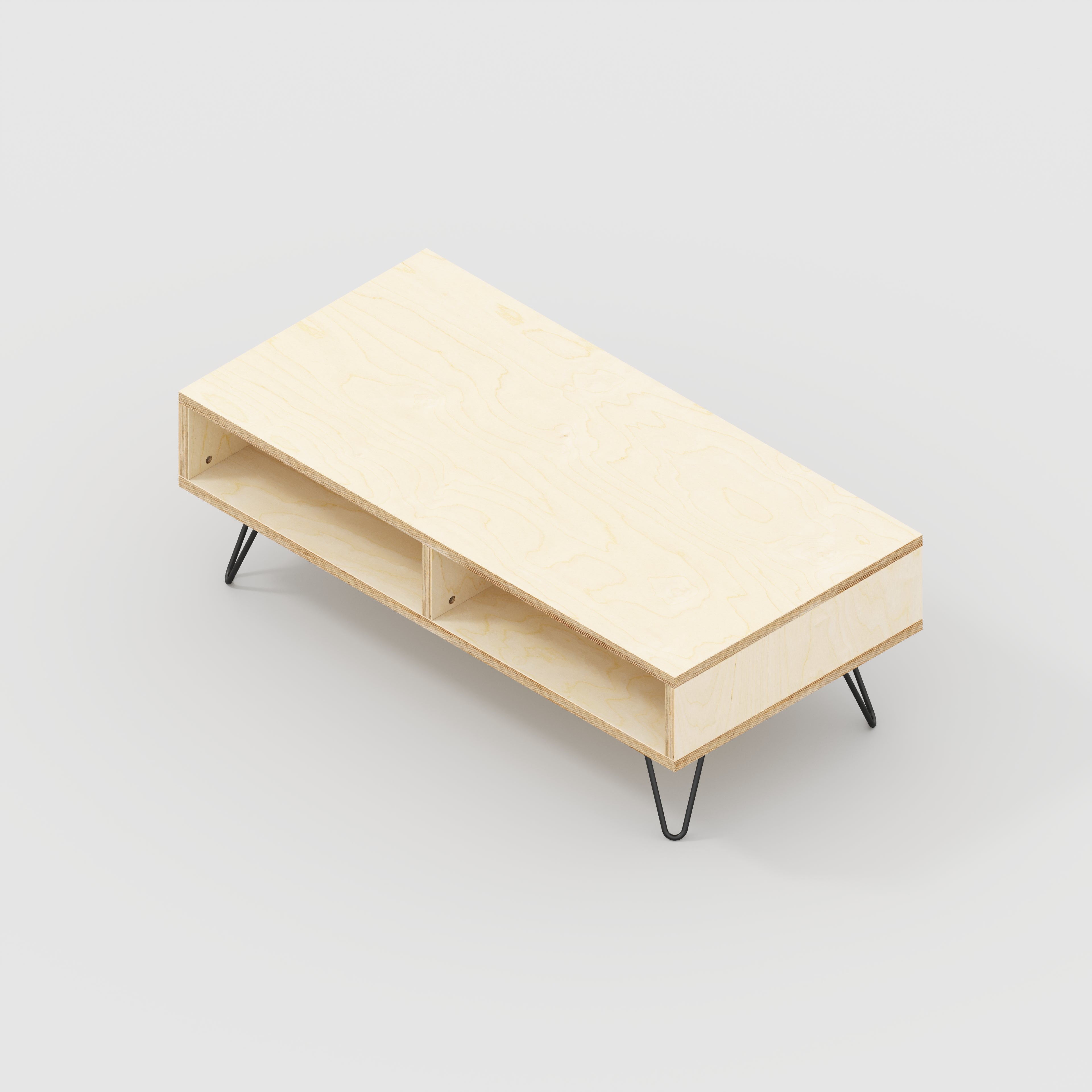 Coffee Table with Box Storage and Black Hairpin Legs - Plywood Birch - 1200(w) x 600(d) x 400(h)
