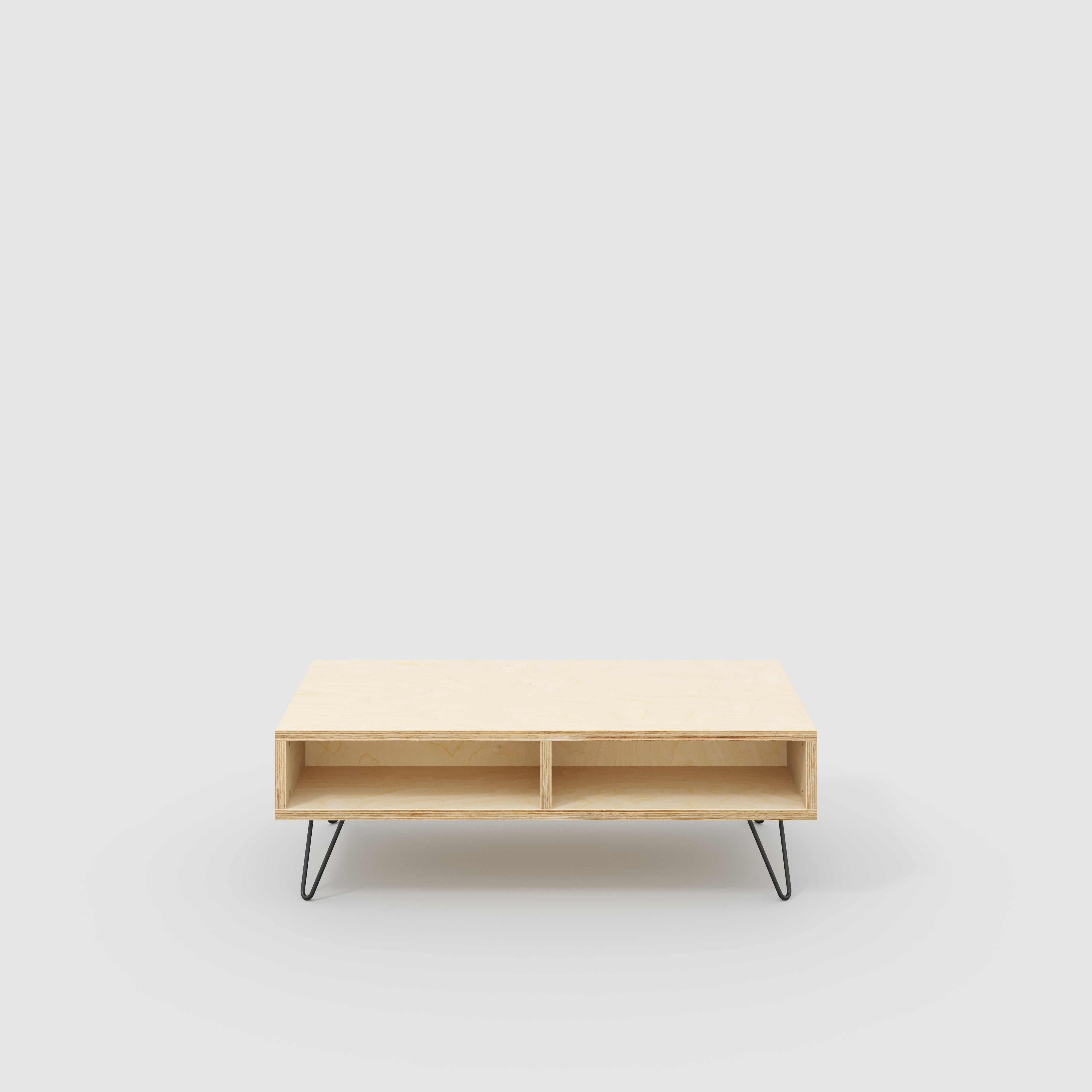 Coffee Table with Box Storage and Black Hairpin Legs - Plywood Birch - 1200(w) x 600(d) x 400(h)