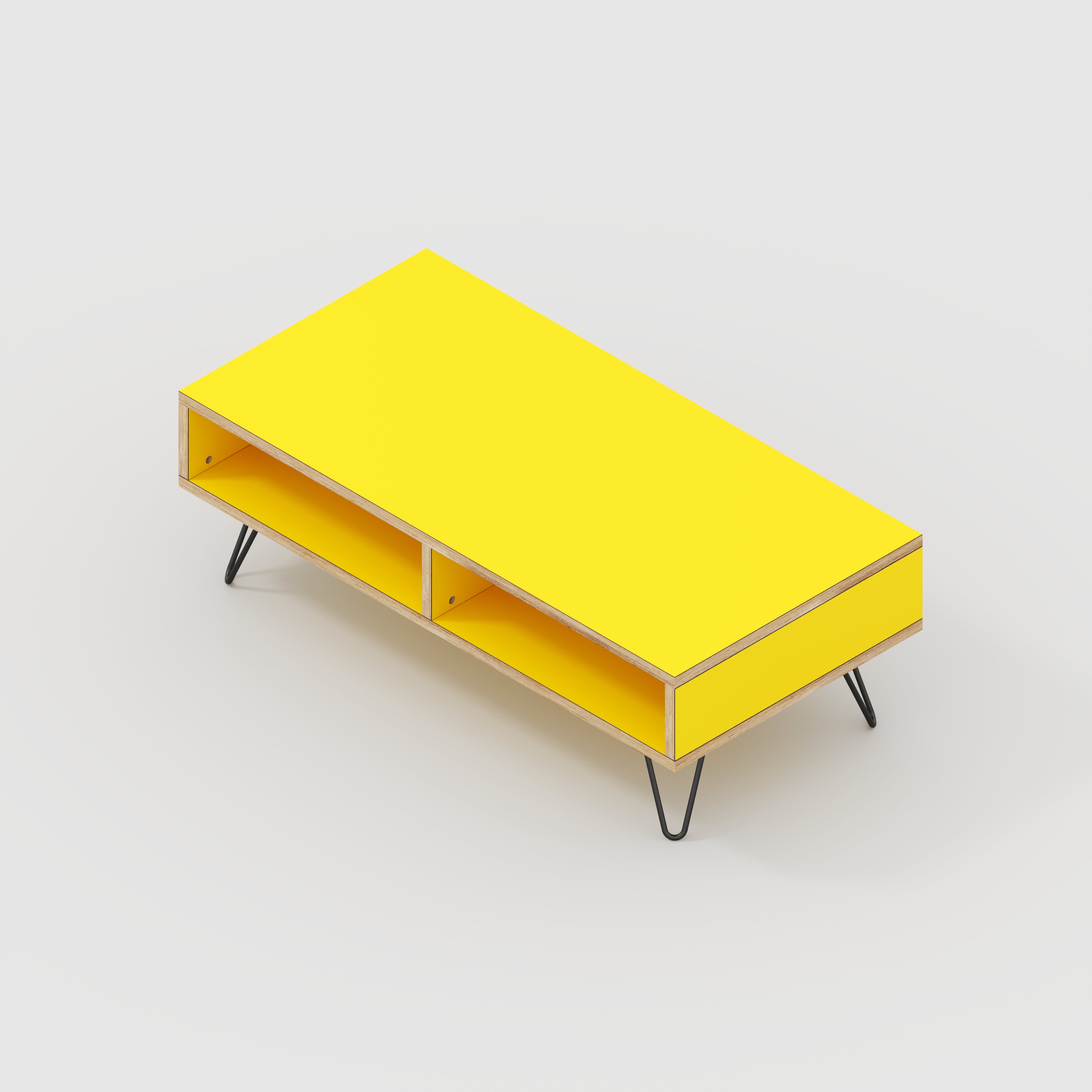 Coffee Table with Box Storage and Black Hairpin Legs - Formica Chrome Yellow - 1200(w) x 600(d) x 400(h)