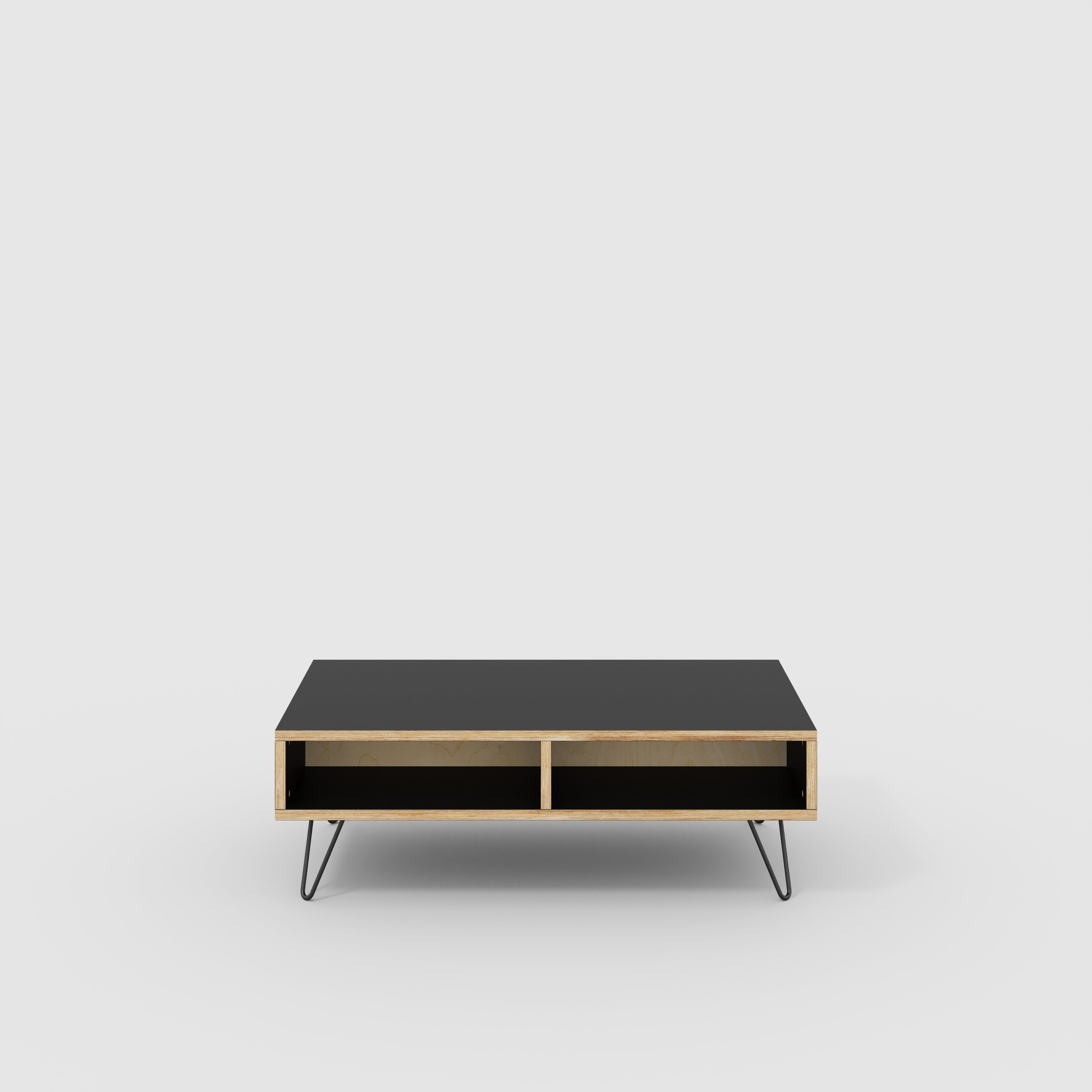 Coffee Table with Box Storage and Black Hairpin Legs - Formica Diamond Black - 1200(w) x 600(d) x 400(h)