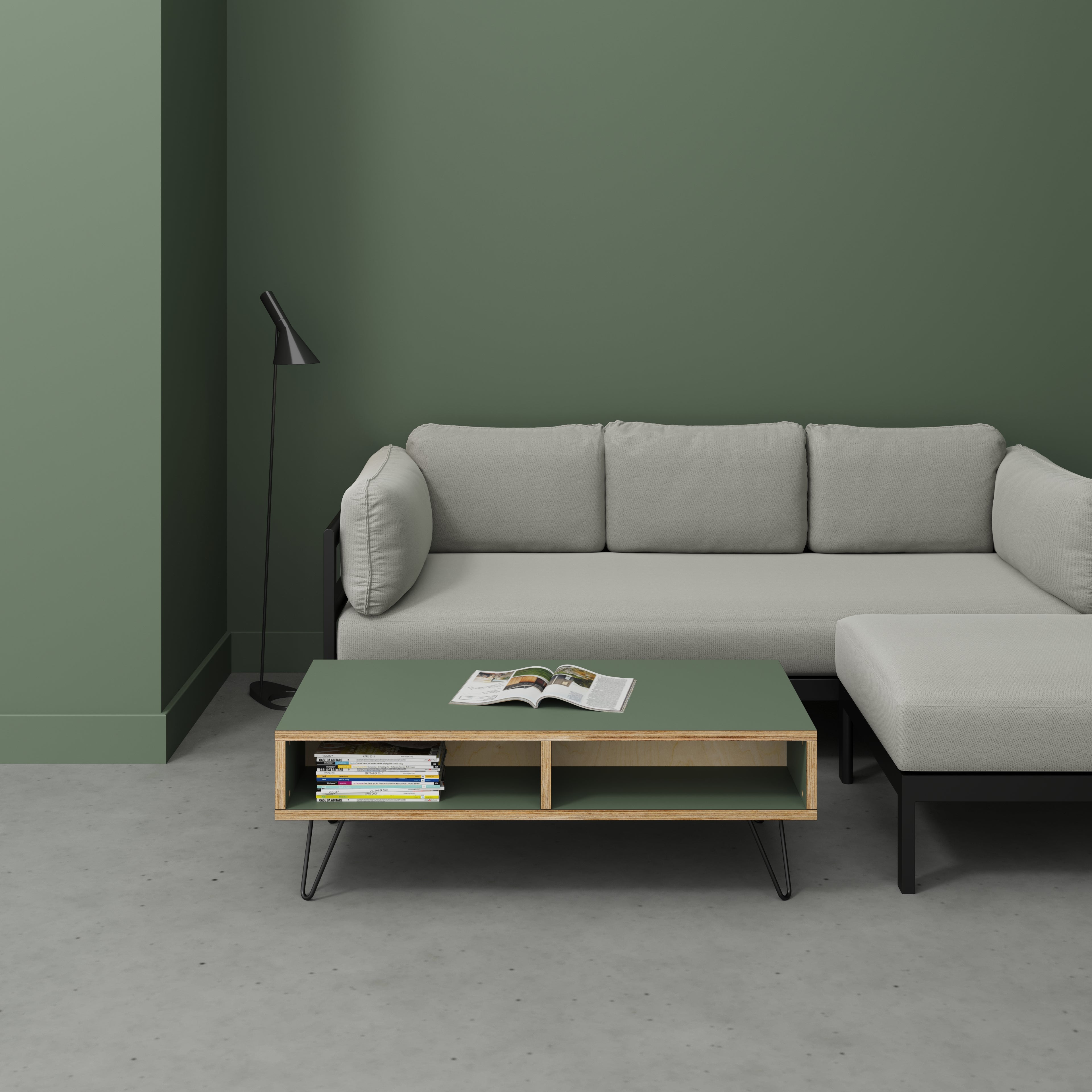 Coffee Table with Box Storage and Black Hairpin Legs - Formica Green Slate - 1200(w) x 600(d) x 400(h)