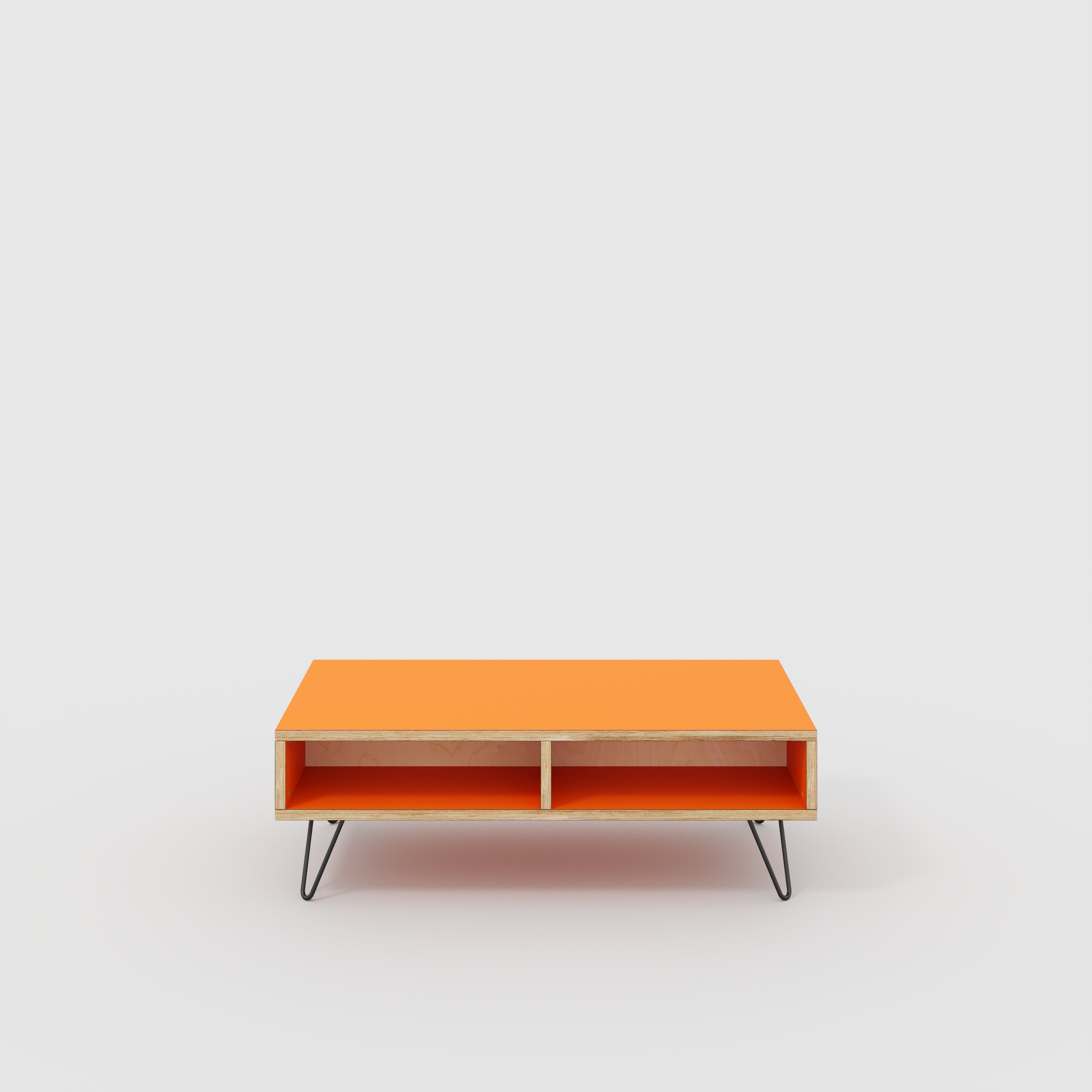 Coffee Table with Box Storage and Black Hairpin Legs - Formica Levante Orange - 1200(w) x 600(d) x 400(h)