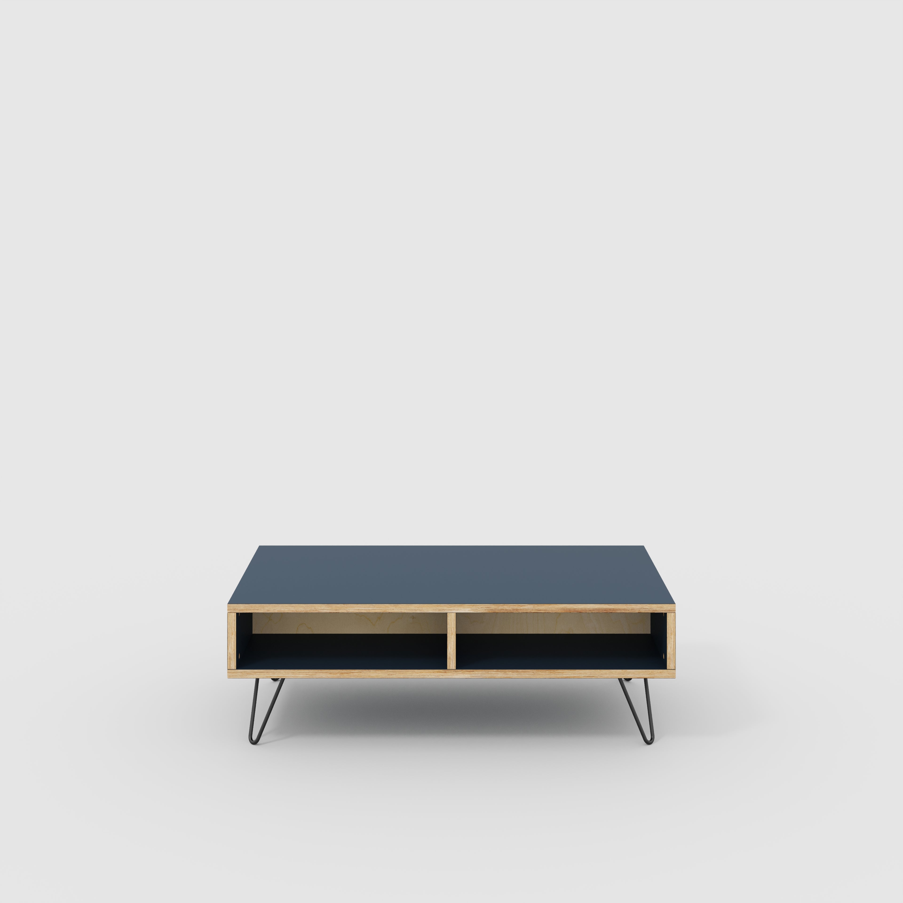 Coffee Table with Box Storage and Black Hairpin Legs - Formica Night Sea Blue - 1200(w) x 600(d) x 400(h)