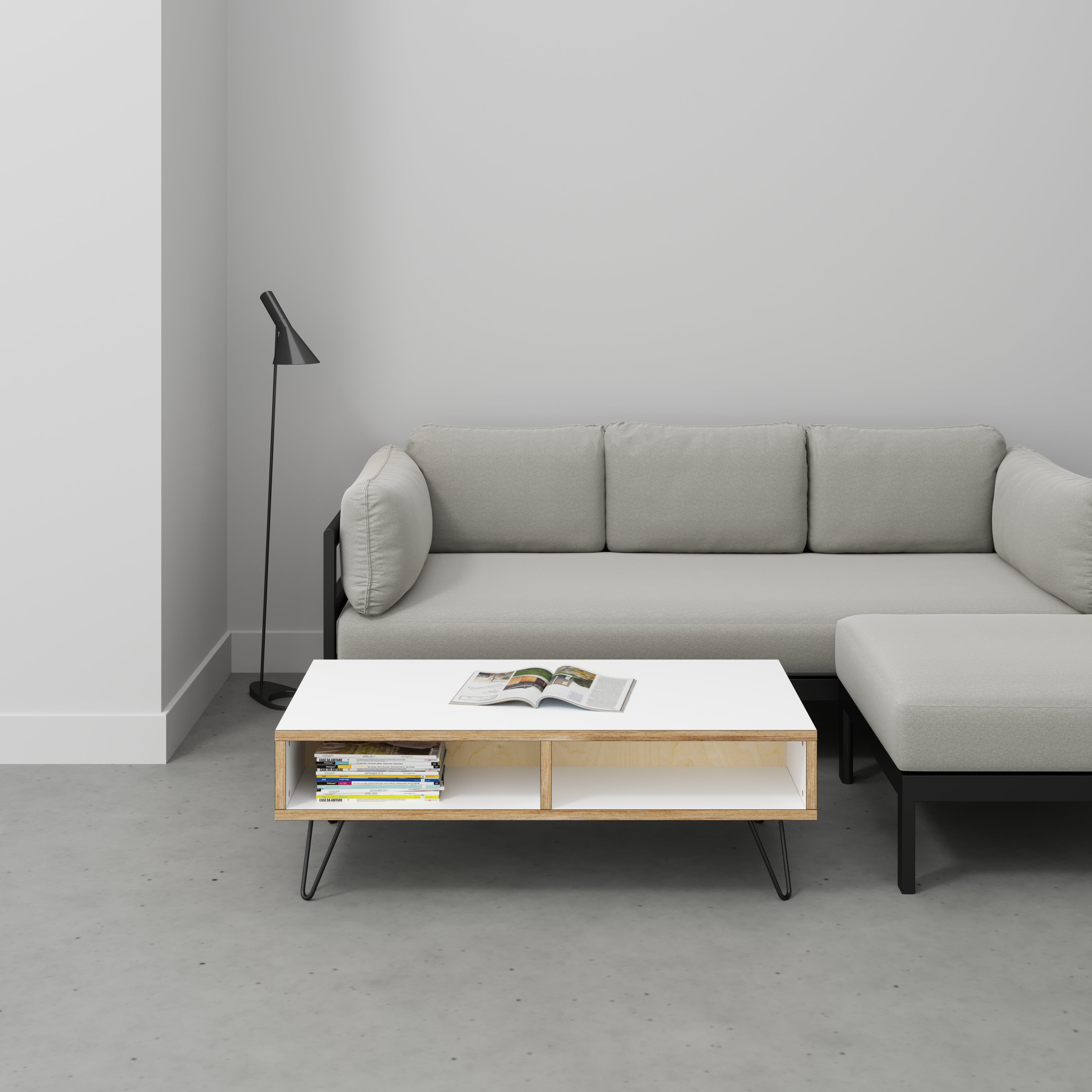 Coffee Table with Box Storage and Black Hairpin Legs - Formica White - 1200(w) x 600(d) x 400(h)