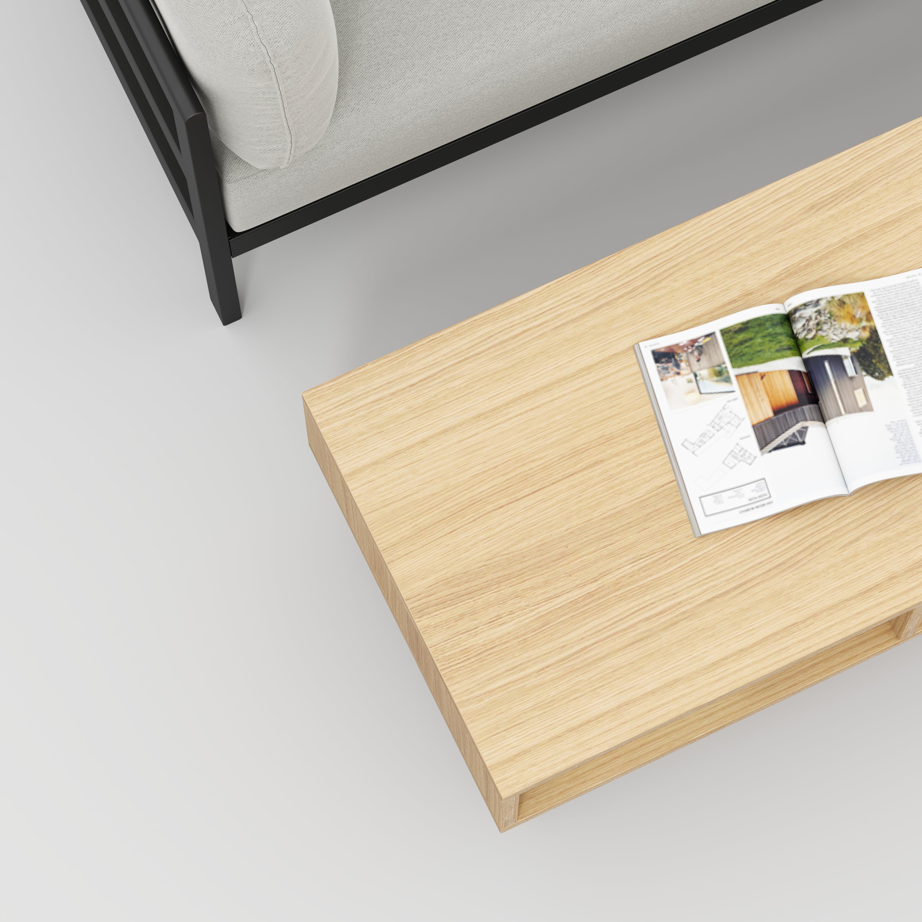 Coffee Table with Box Storage and Black Hairpin Legs - Plywood Oak - 1200(w) x 600(d) x 400(h)