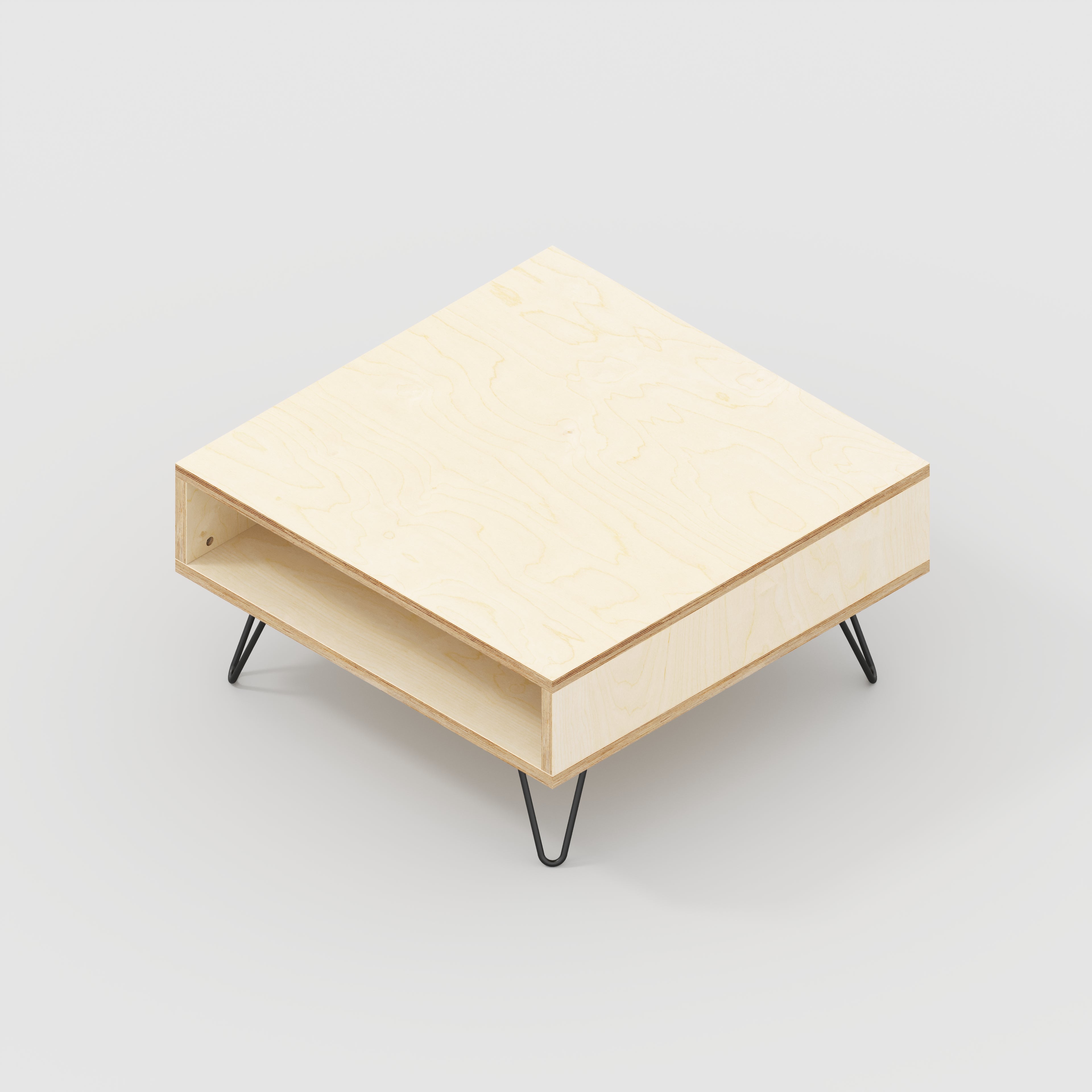 Coffee Table with Box Storage and Black Hairpin Legs - Plywood Birch - 800(w) x 800(d) x 400(h)