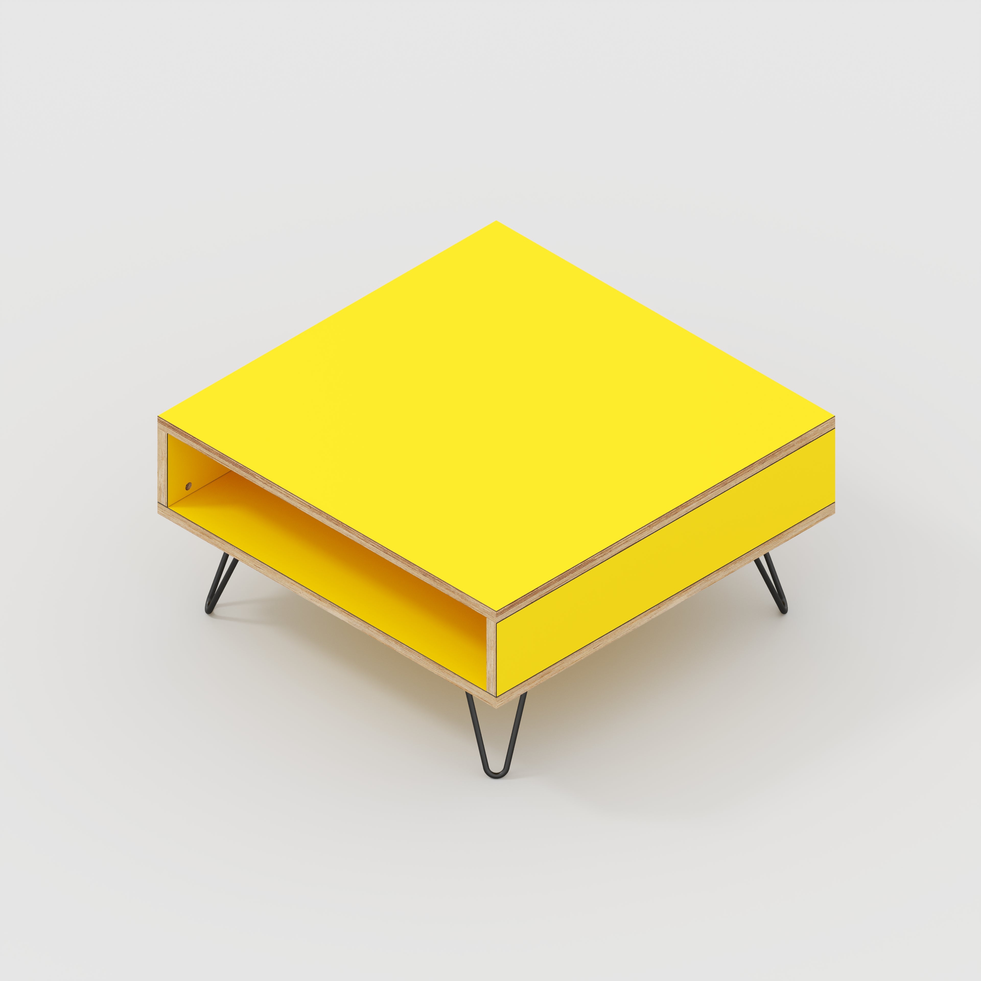 Coffee Table with Box Storage and Black Hairpin Legs - Formica Chrome Yellow - 800(w) x 800(d) x 400(h)