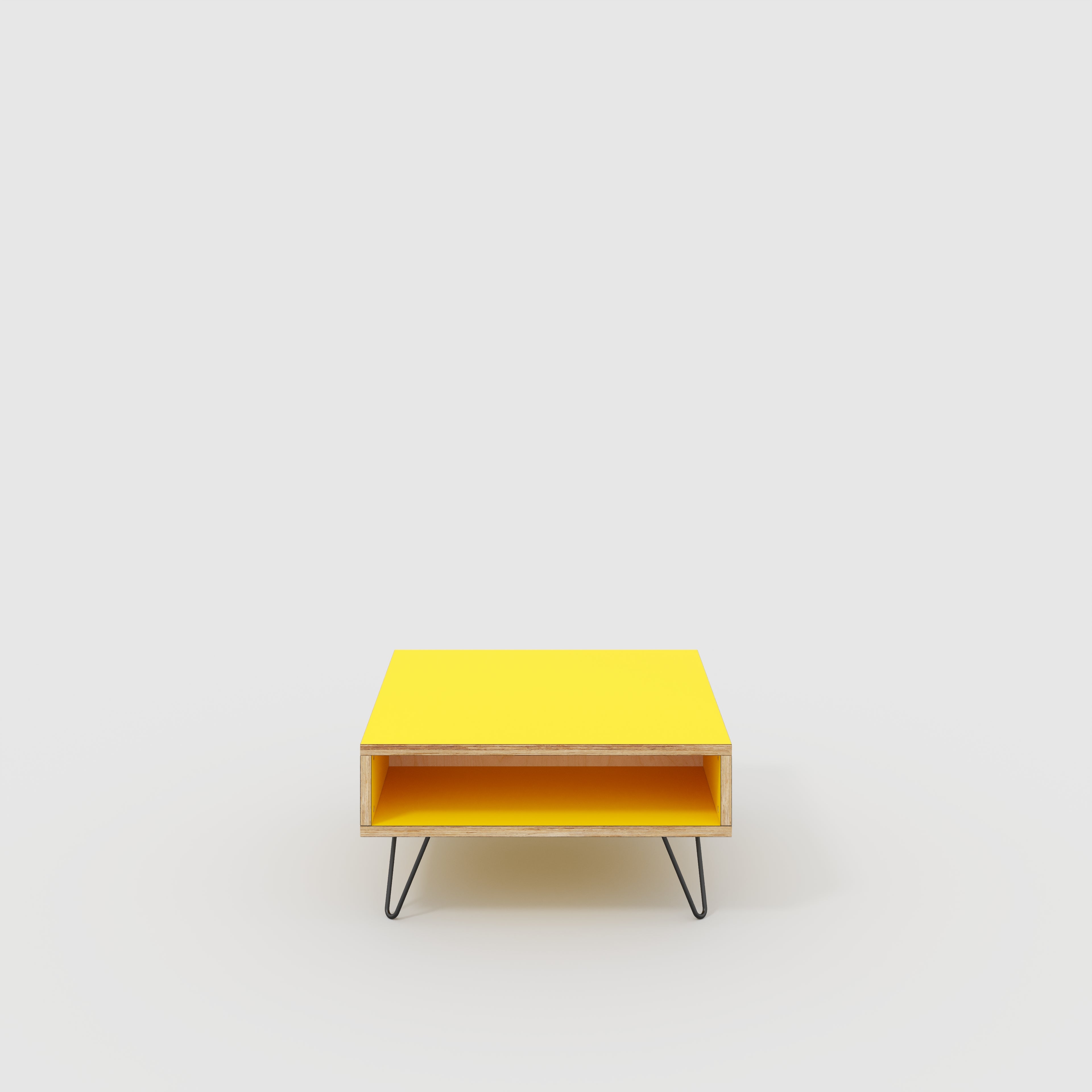 Coffee Table with Box Storage and Black Hairpin Legs - Formica Chrome Yellow - 800(w) x 800(d) x 400(h)