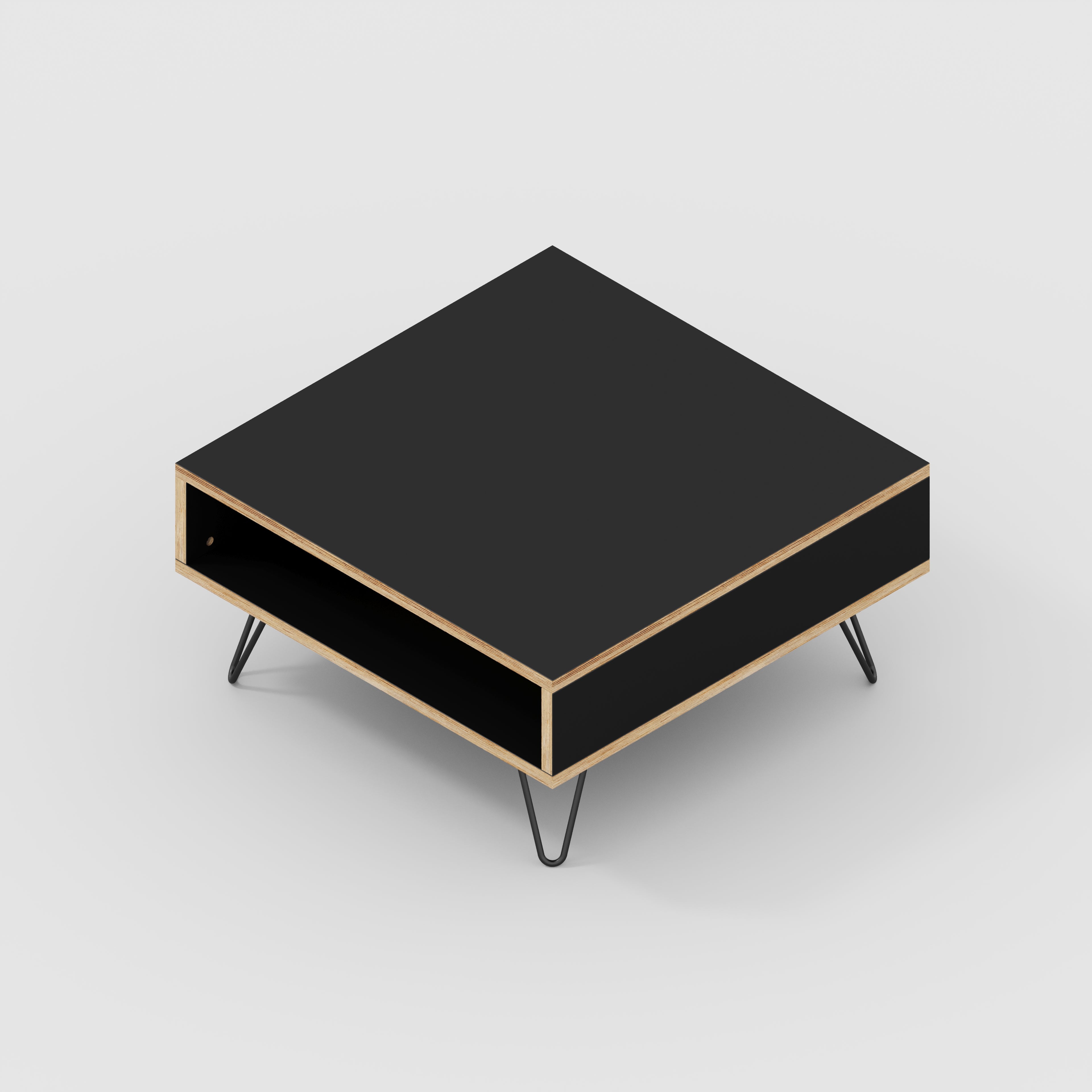 Coffee Table with Box Storage and Black Hairpin Legs - Formica Diamond Black - 800(w) x 800(d) x 400(h)