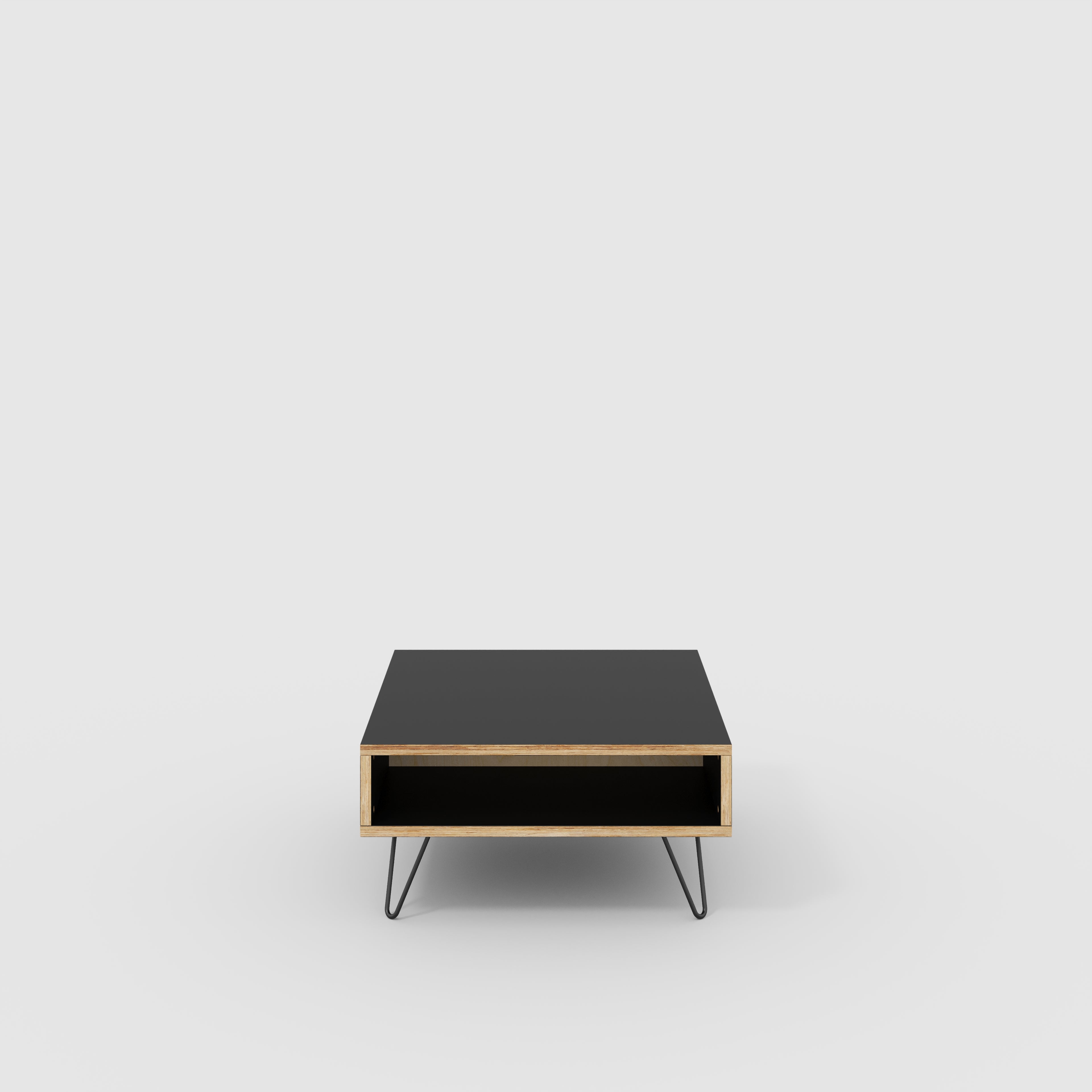 Coffee Table with Box Storage and Black Hairpin Legs - Formica Diamond Black - 800(w) x 800(d) x 400(h)