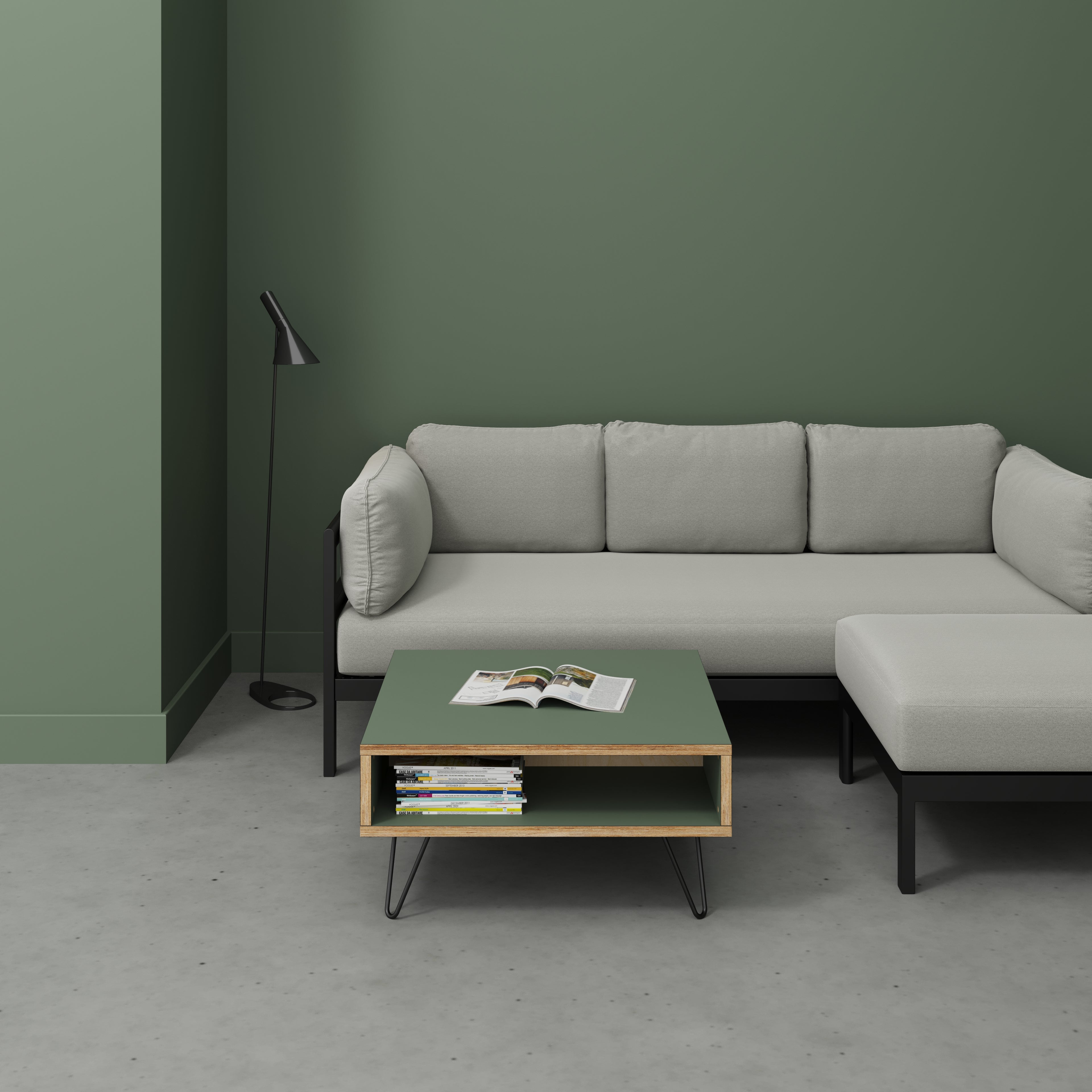 Coffee Table with Box Storage and Black Hairpin Legs - Formica Green Slate - 800(w) x 800(d) x 400(h)