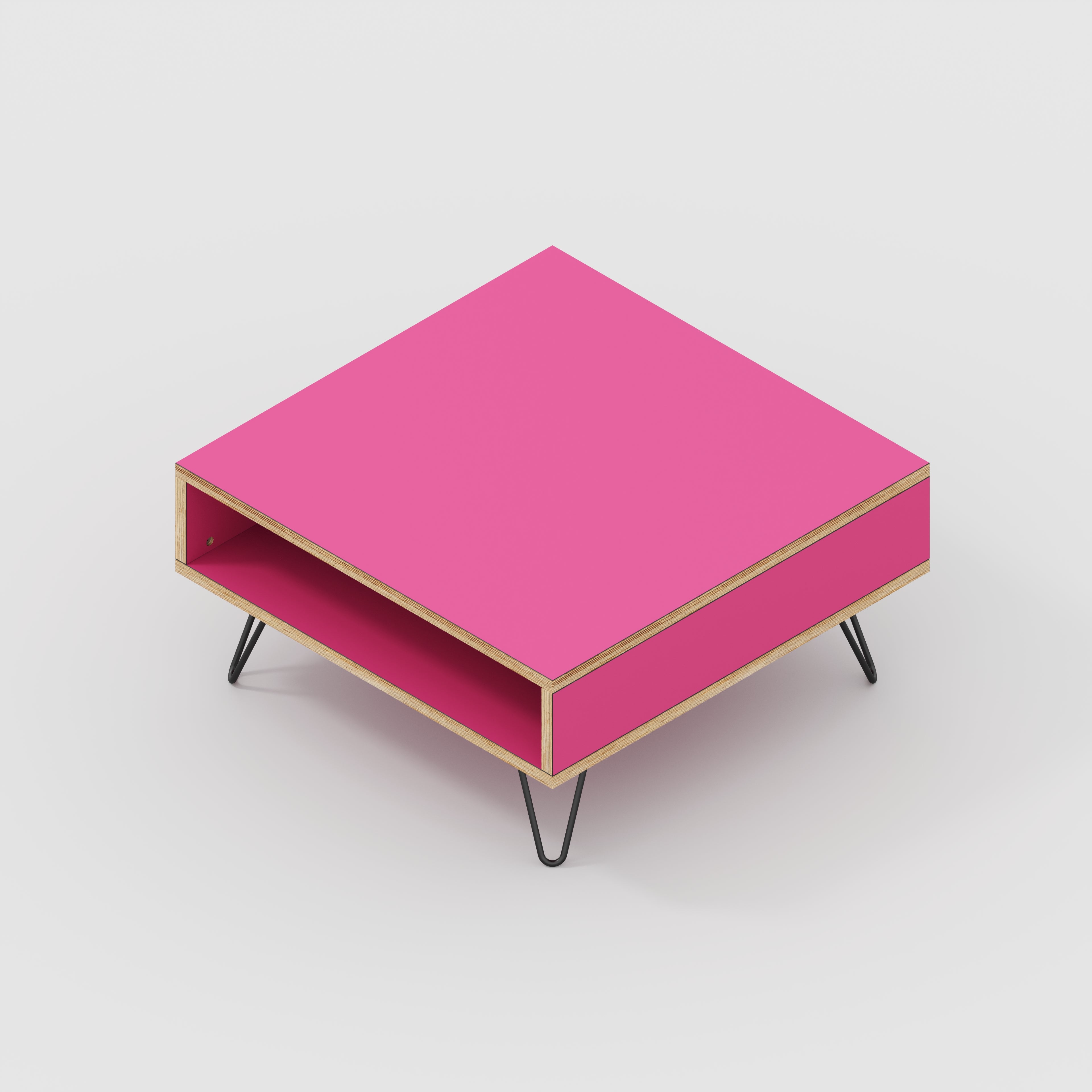Coffee Table with Box Storage and Black Hairpin Legs - Formica Juicy Pink - 800(w) x 800(d) x 400(h)