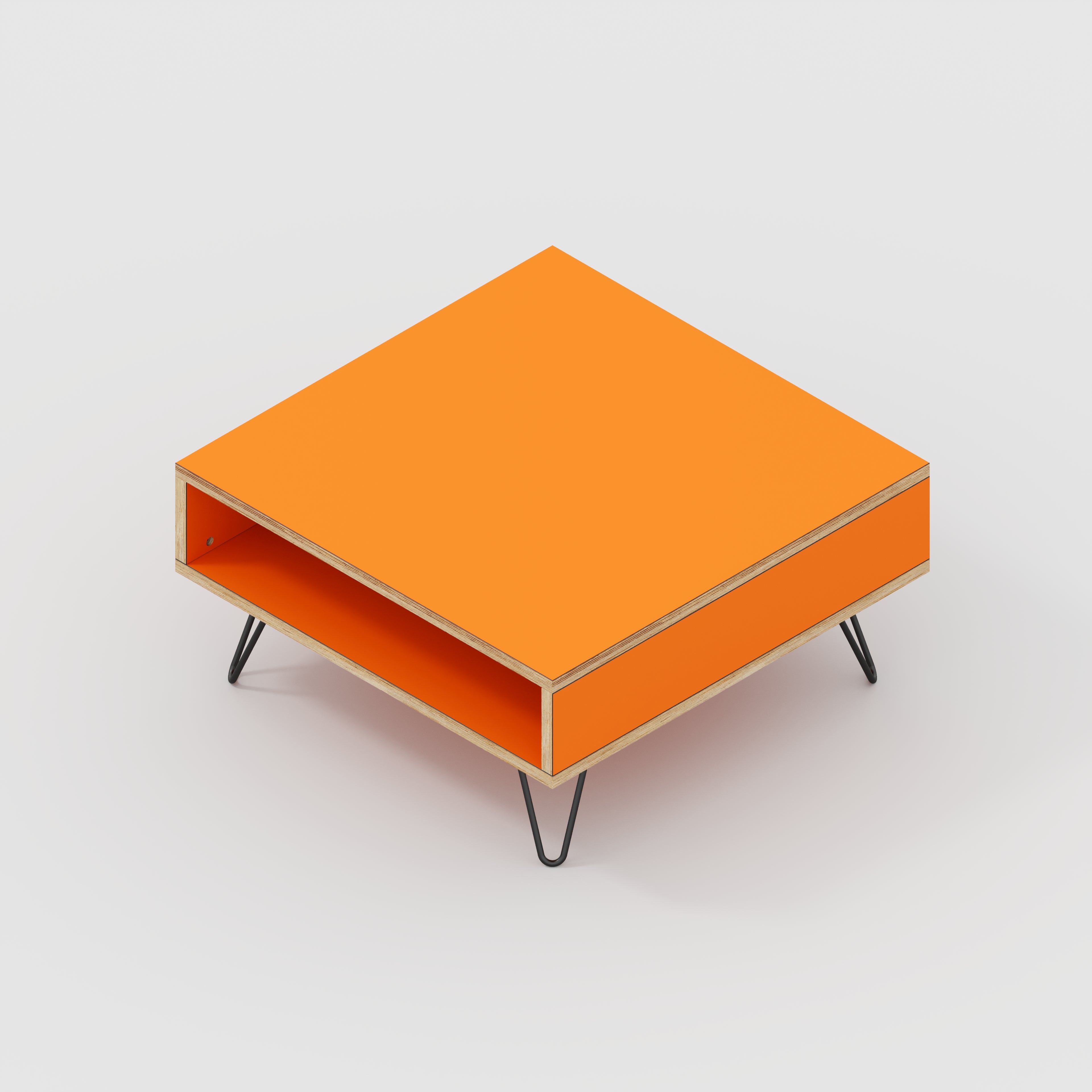 Coffee Table with Box Storage and Black Hairpin Legs - Formica Levante Orange - 800(w) x 800(d) x 400(h)
