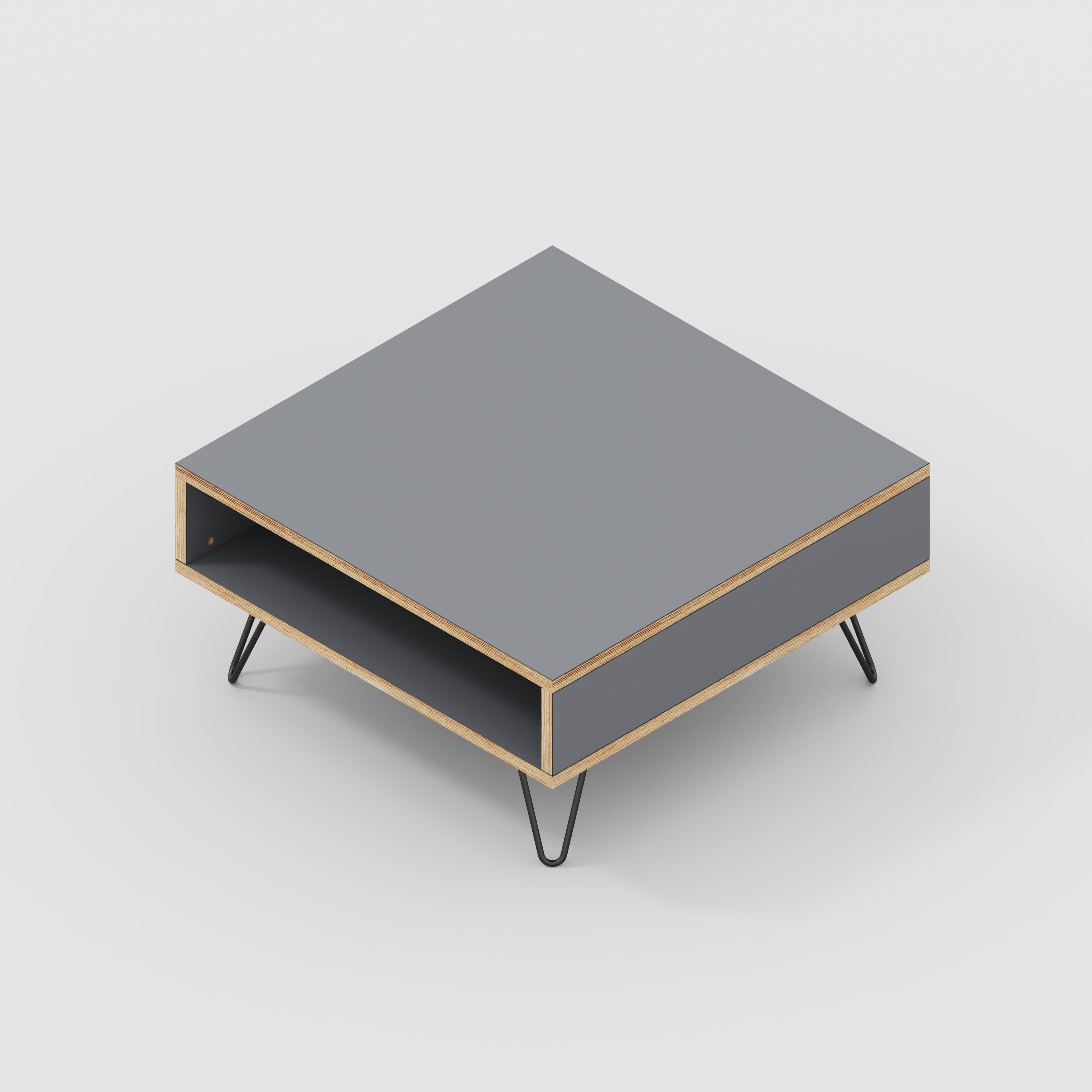 Coffee Table with Box Storage and Black Hairpin Legs - Formica Tornado Grey - 800(w) x 800(d) x 400(h)
