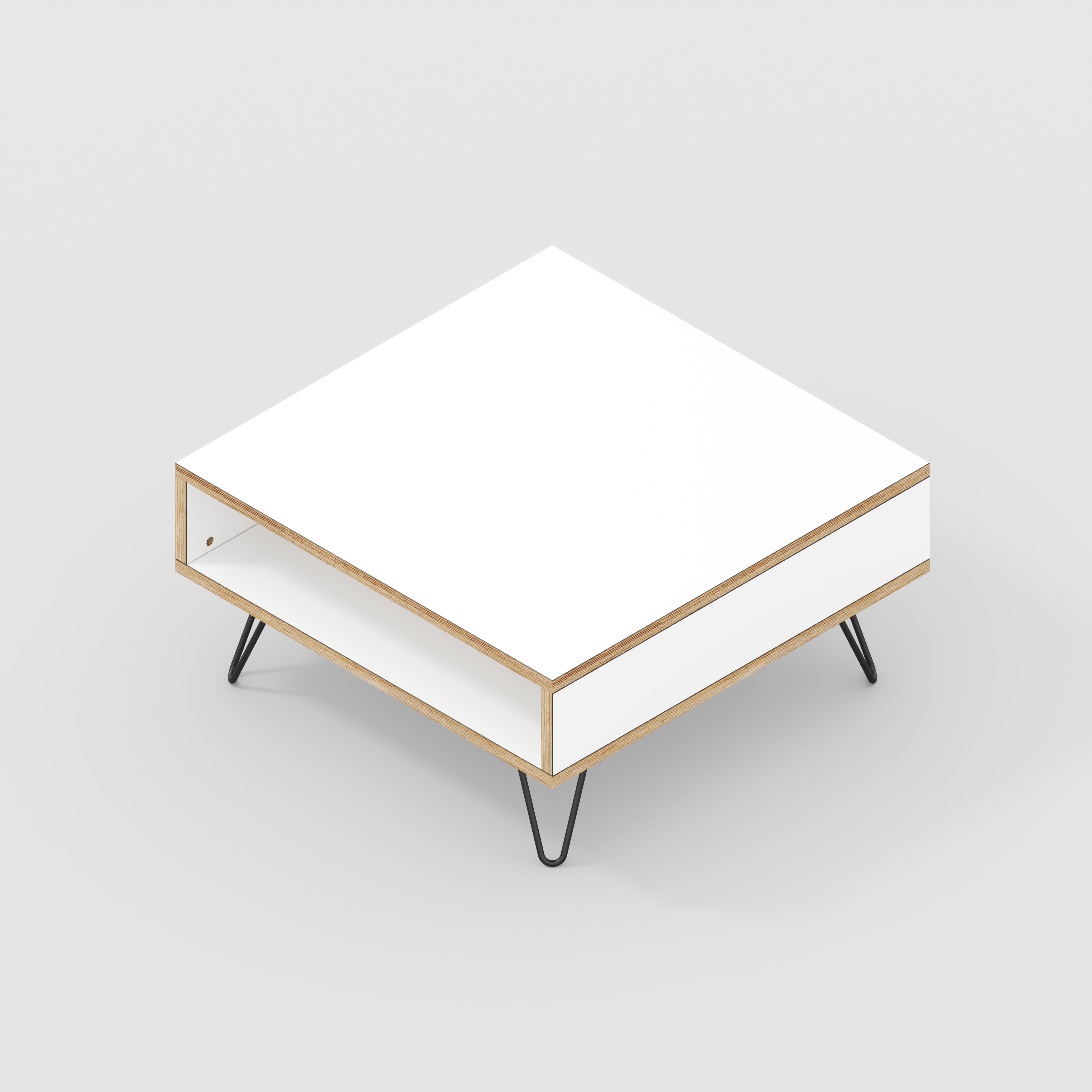 Coffee Table with Box Storage and Black Hairpin Legs - Formica White - 800(w) x 800(d) x 400(h)