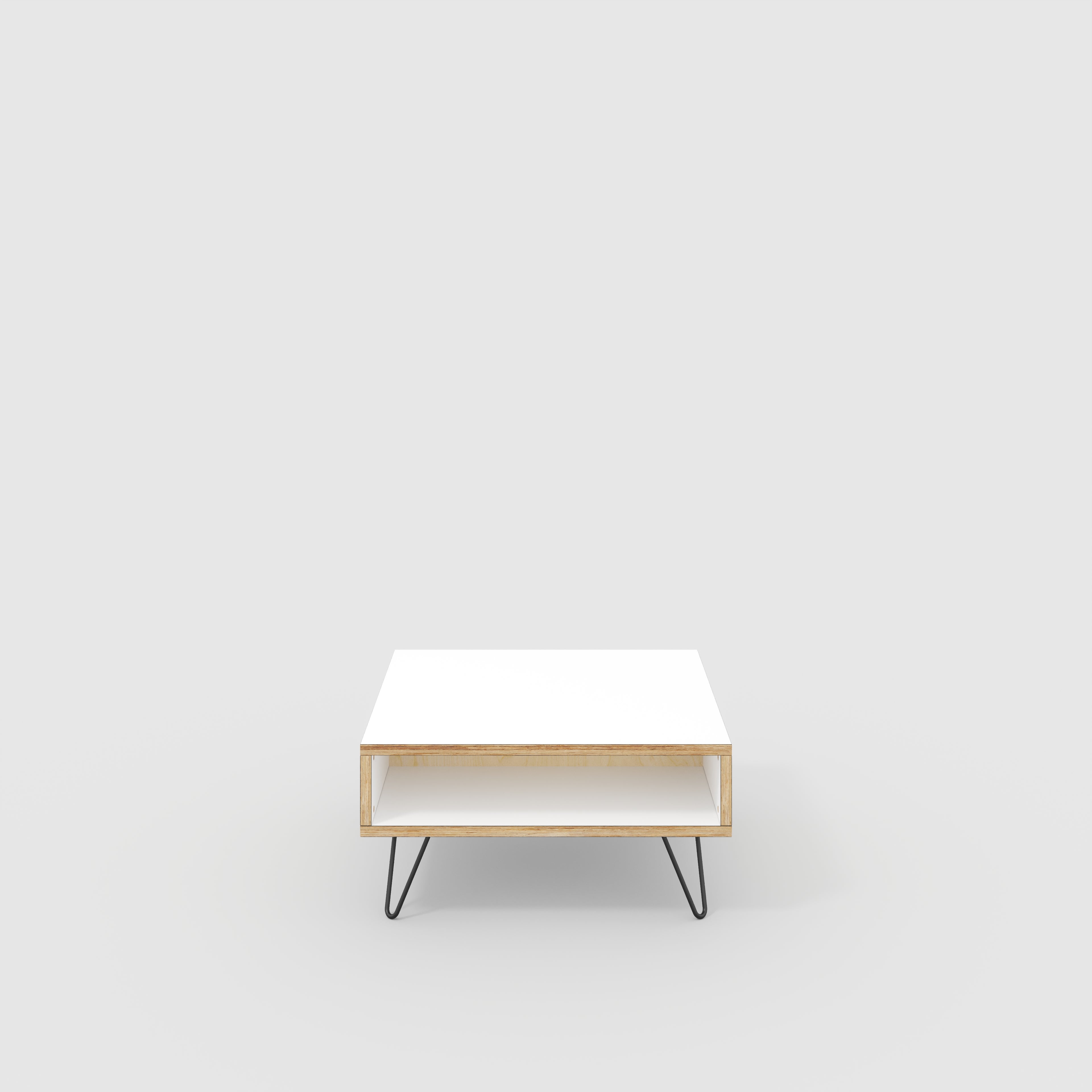 Coffee Table with Box Storage and Black Hairpin Legs - Formica White - 800(w) x 800(d) x 400(h)