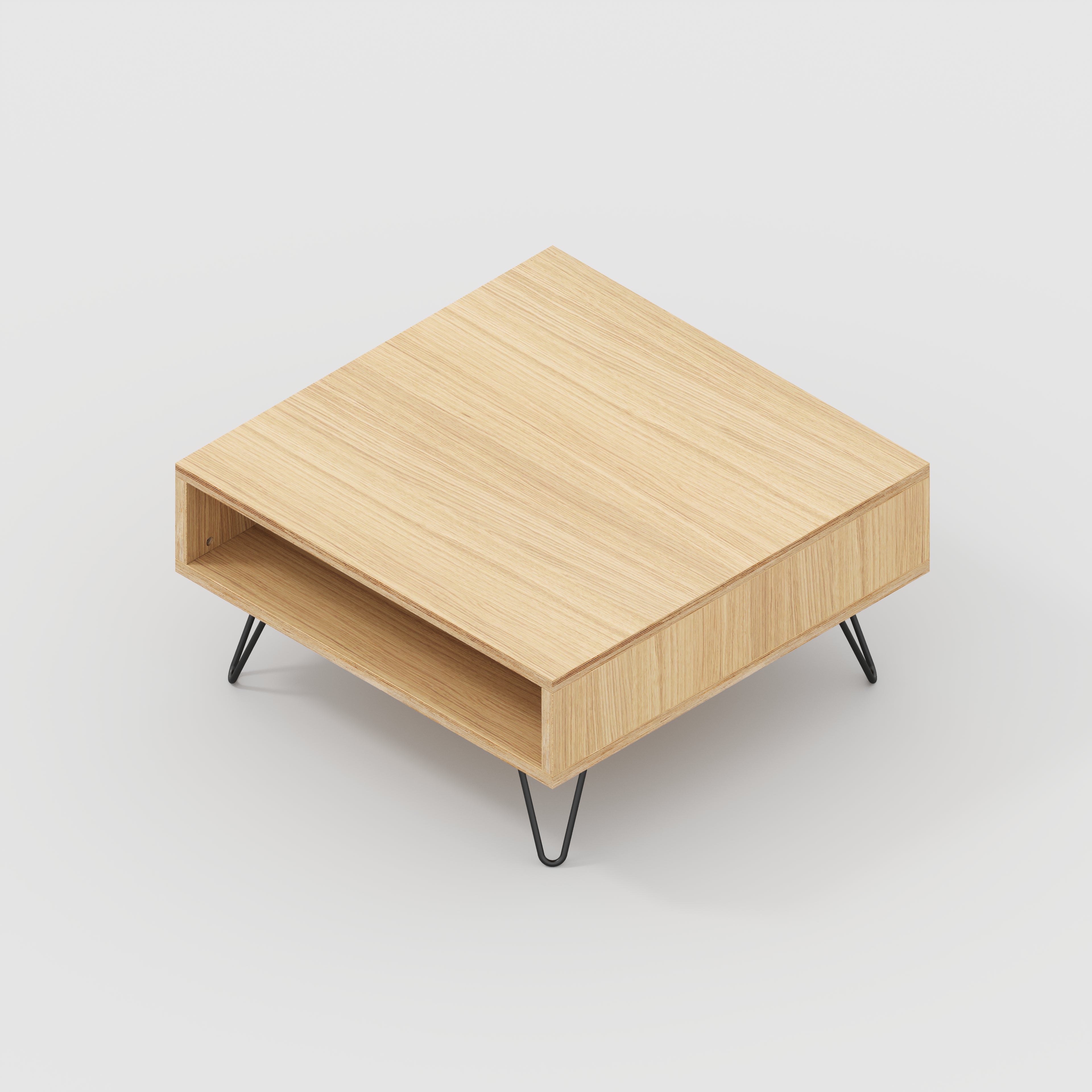 Coffee Table with Box Storage and Black Hairpin Legs - Plywood Oak - 800(w) x 800(d) x 400(h)