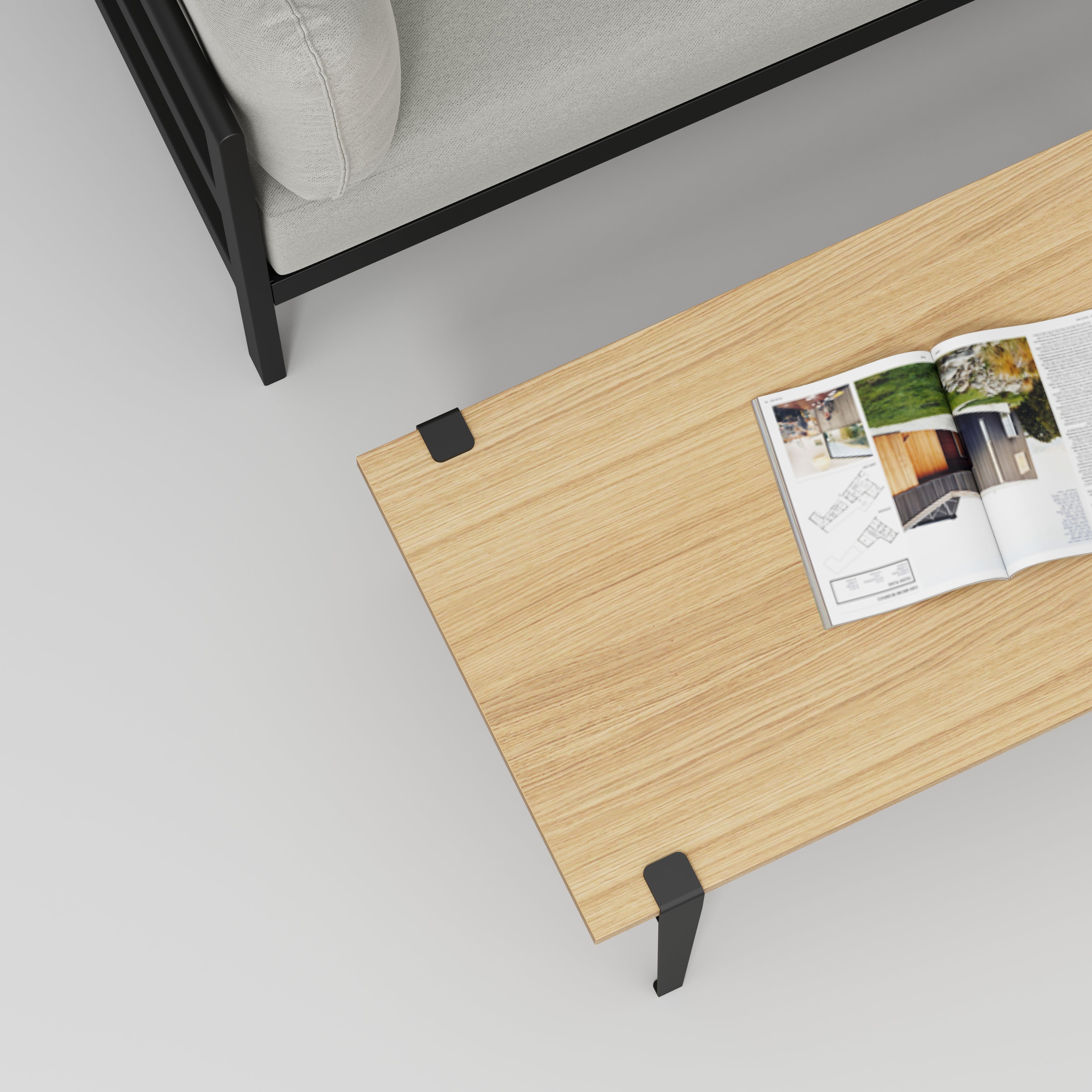 Plywood Coffee Table with Black Tiptoe Legs - Plywood Oak - 1200(w) x 600(d) x 430(h)