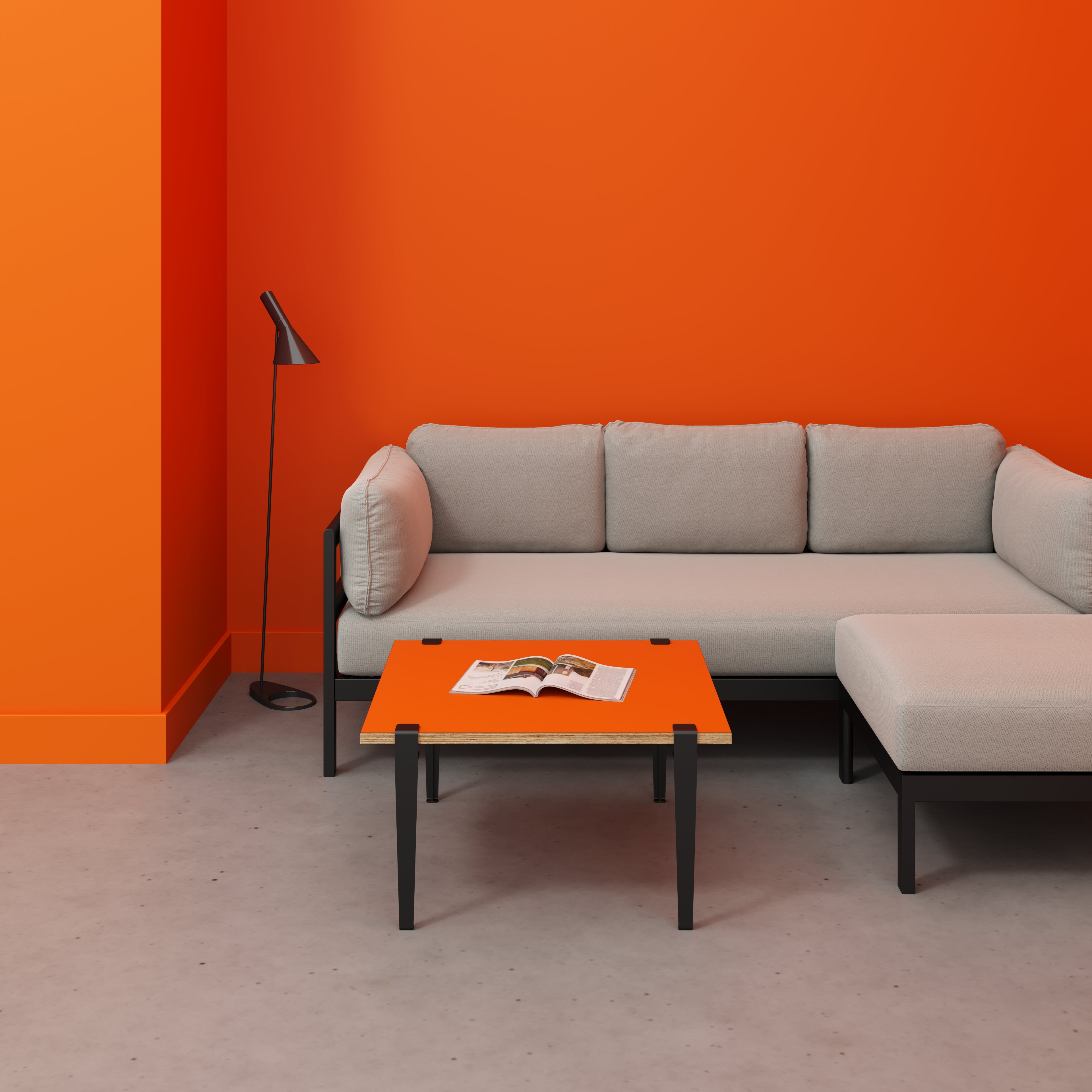 Coffee Table with Black Tiptoe Legs - Formica Levante Orange - 800(w) x 800(d) x 430(h)