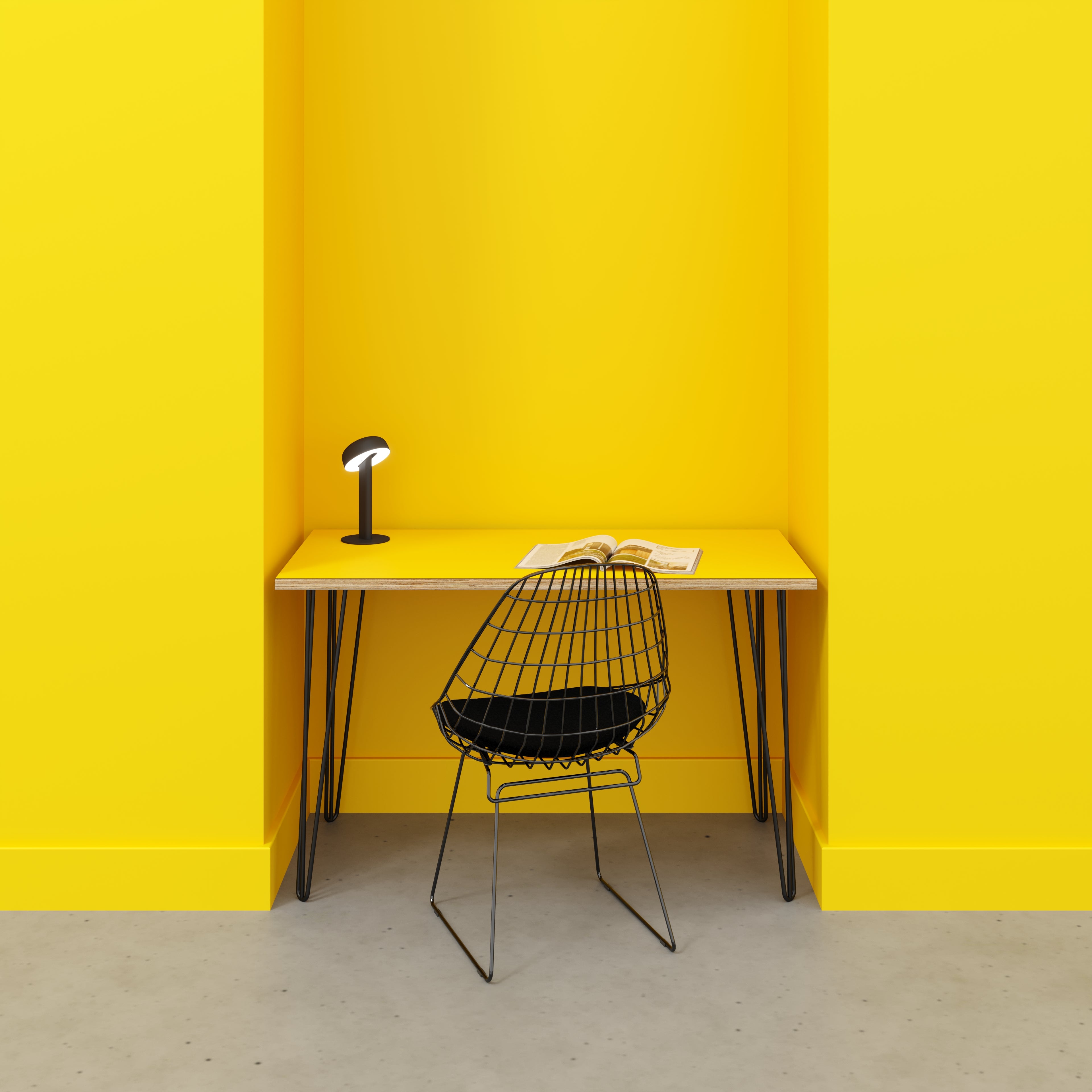 Desk with Black Hairpin Legs - Formica Chrome Yellow - 1200(w) x 600(d) x 735(h)