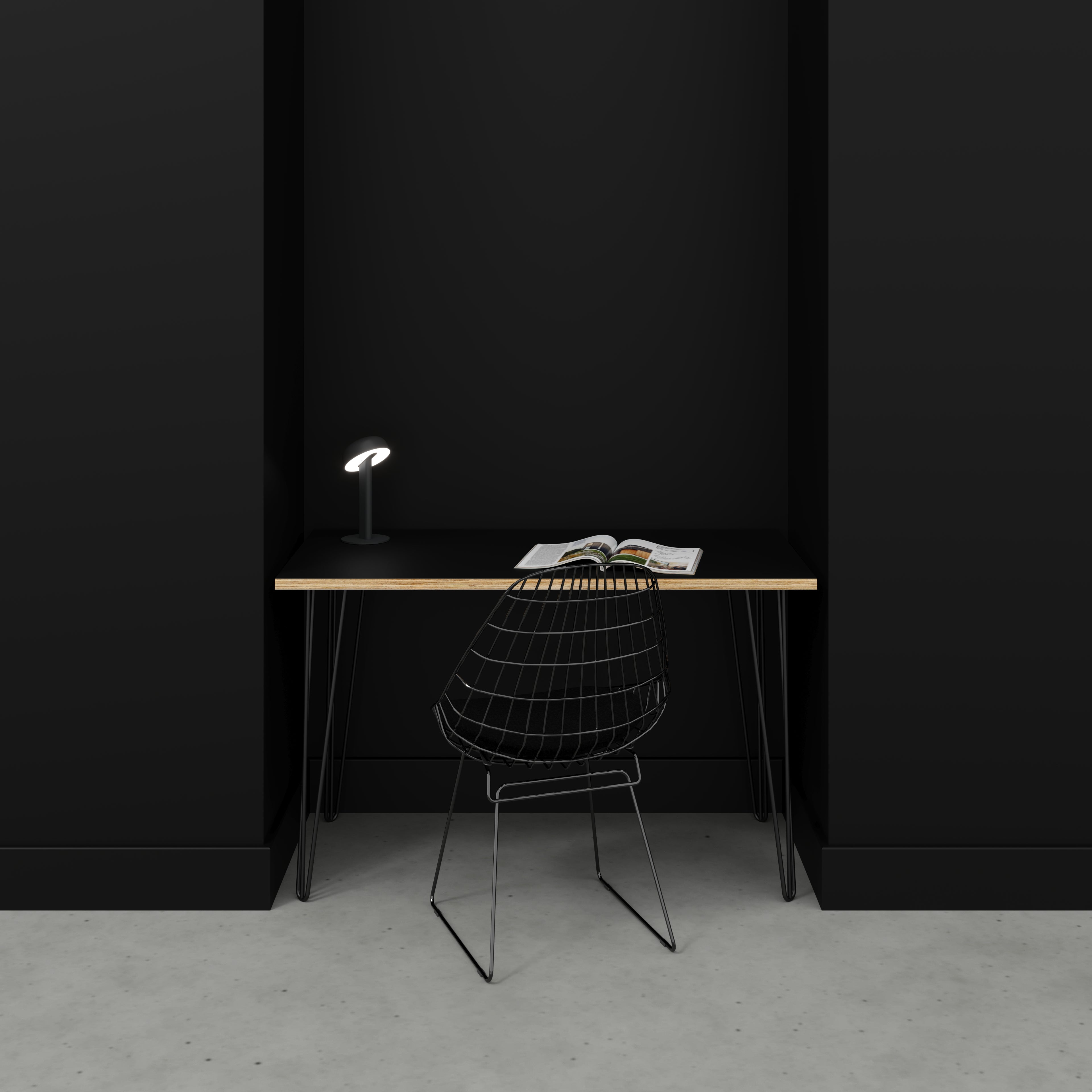 Desk with Black Hairpin Legs - Formica Diamond Black - 1200(w) x 600(d) x 735(h)